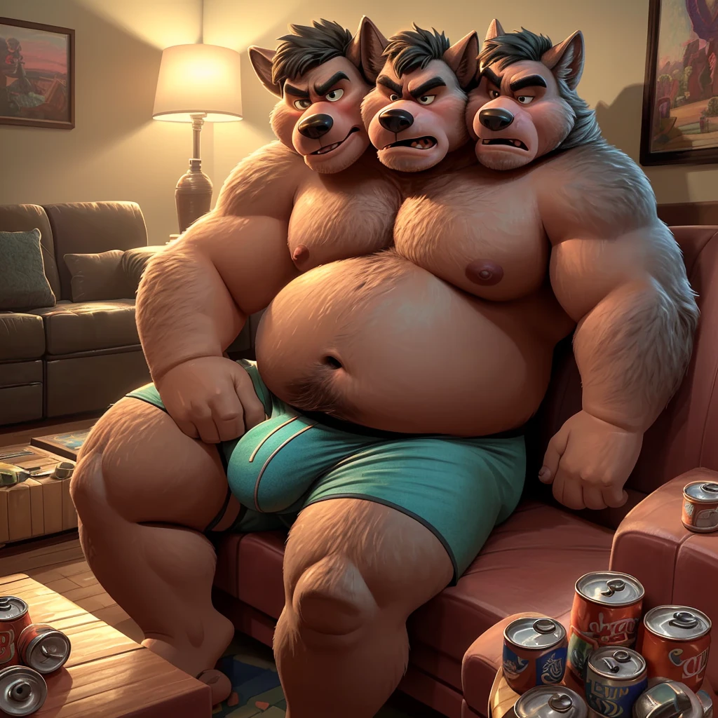 solo, (wolf, wolf tail), three heads on one body, (identical faces:1.3), (adult male, 50 year old male, (stylized 3d, by disney, by rembrandt), by pixar, by dramamine, (tall, chubby, manly, beefy, obese, fat), (living room background, dim lighting, messy room, beer cans), (underpants, bulge, navel, nipples), correct hands, correct anatomy, (detailed eyes:1.2, cartoon eyes:1.2, small dark pupils, masculine eyes, narrow eyes, six eyes), (ultradetailed, best quality, detailed masterpiece, highly detailed masterpiece, 4k, professional cartoon:1.7), ((arms over couch:1.3, sitting on couch: 1.3, natural pose:1.3, nuanced expressions:1.3, grumpy expressions:1.3)), (((dadbod)))