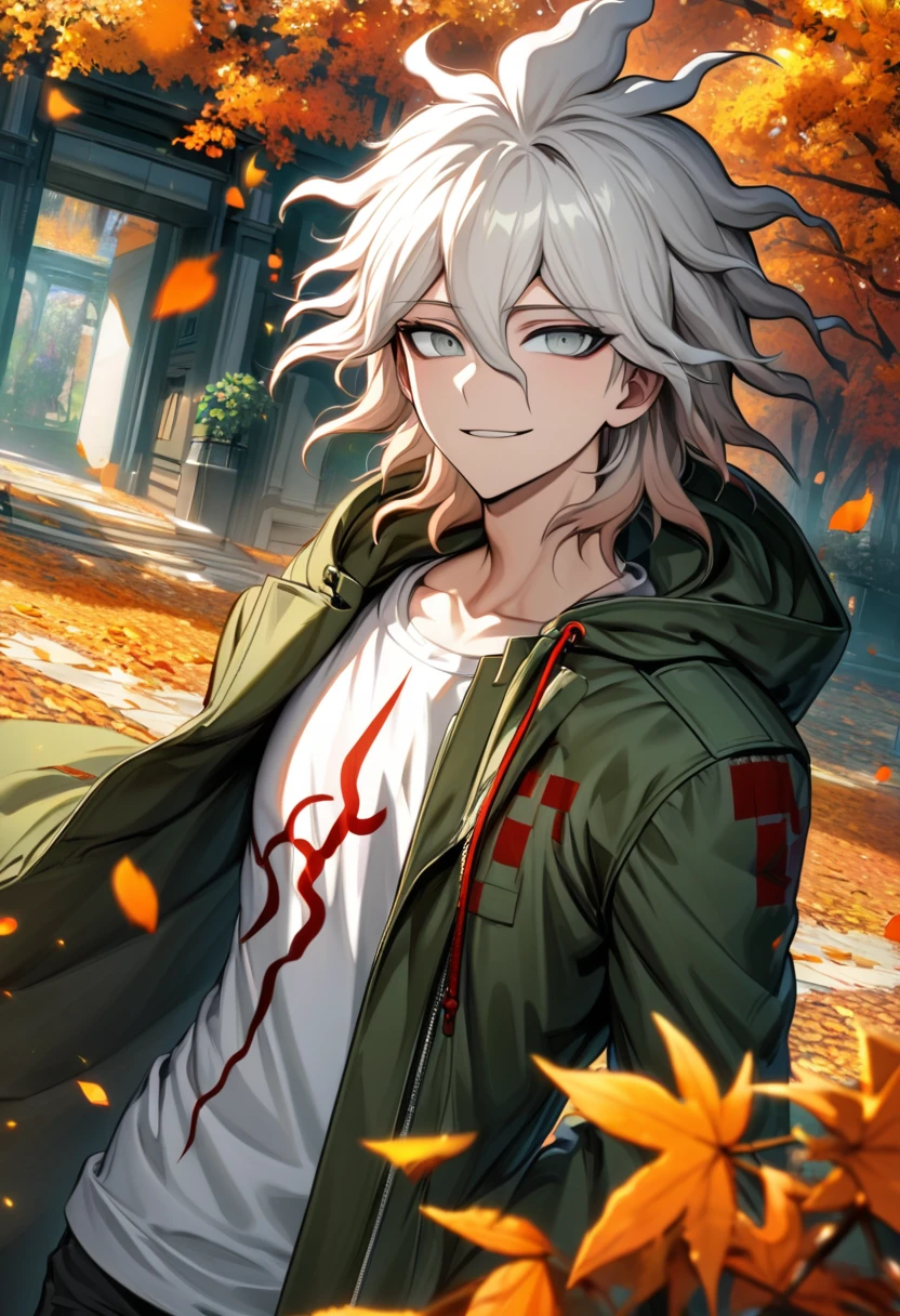 Ultra detailed, Highres, absurdres, HDR, Komaeda Nagito, white hair, silver eyes, green long coat, white tight t-shirt, Danganronpa 2, 1 man only, smirking, petals, flowers, autumn, handsome, orange leaves,
