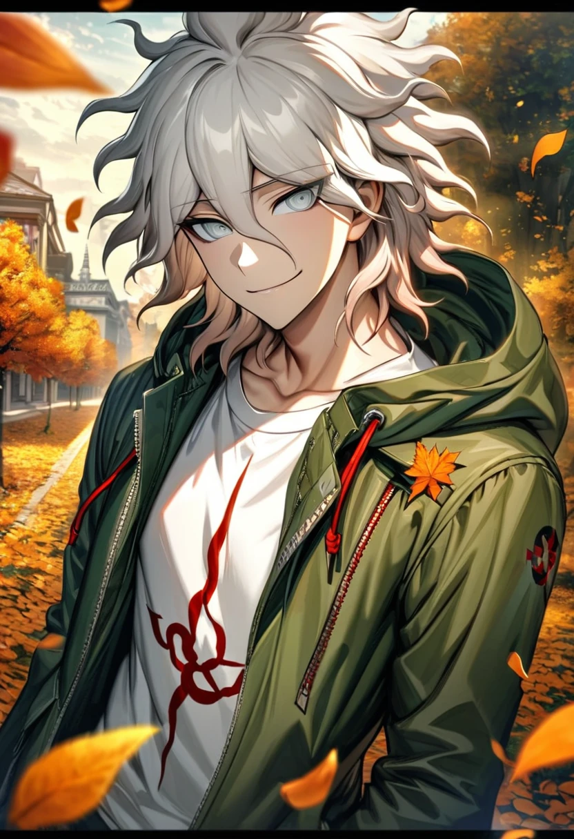 Ultra detailed, Highres, absurdres, HDR, Komaeda Nagito, white hair, silver eyes, green long coat, white tight t-shirt, Danganronpa 2, 1 man only, smirking, petals, flowers, autumn, handsome, orange leaves,
