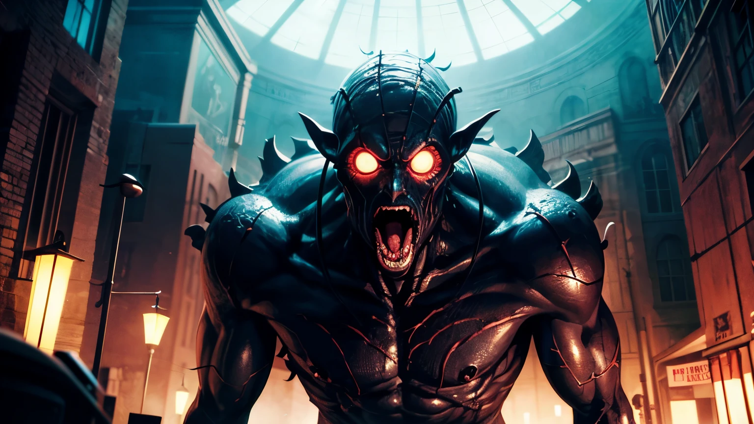 SCP-015-IT The Boogeyman, from SCP lore, SCP-015-IT is a humanoid entity around meters tall, with hairless skin capable of absorbing 98% of incident light. Its face possesses no nose or external ears, and its eyes can emit light due to photophores placed on its iris, The mouth has 8 pointed teeth in each jaw, while the tongue (28 cm long) is forked, IT's arms are disproportionately long when compared to the body and the hands end with four clawed fingers, illustrated by clive Barker and Gaston Bussiere, foreboding atmosphere, detailed and intricate environment, high technology, highly detailed portrait, digital painting, artstation, concept art, smooth, sharp foccus ilustration, Artstation HQ