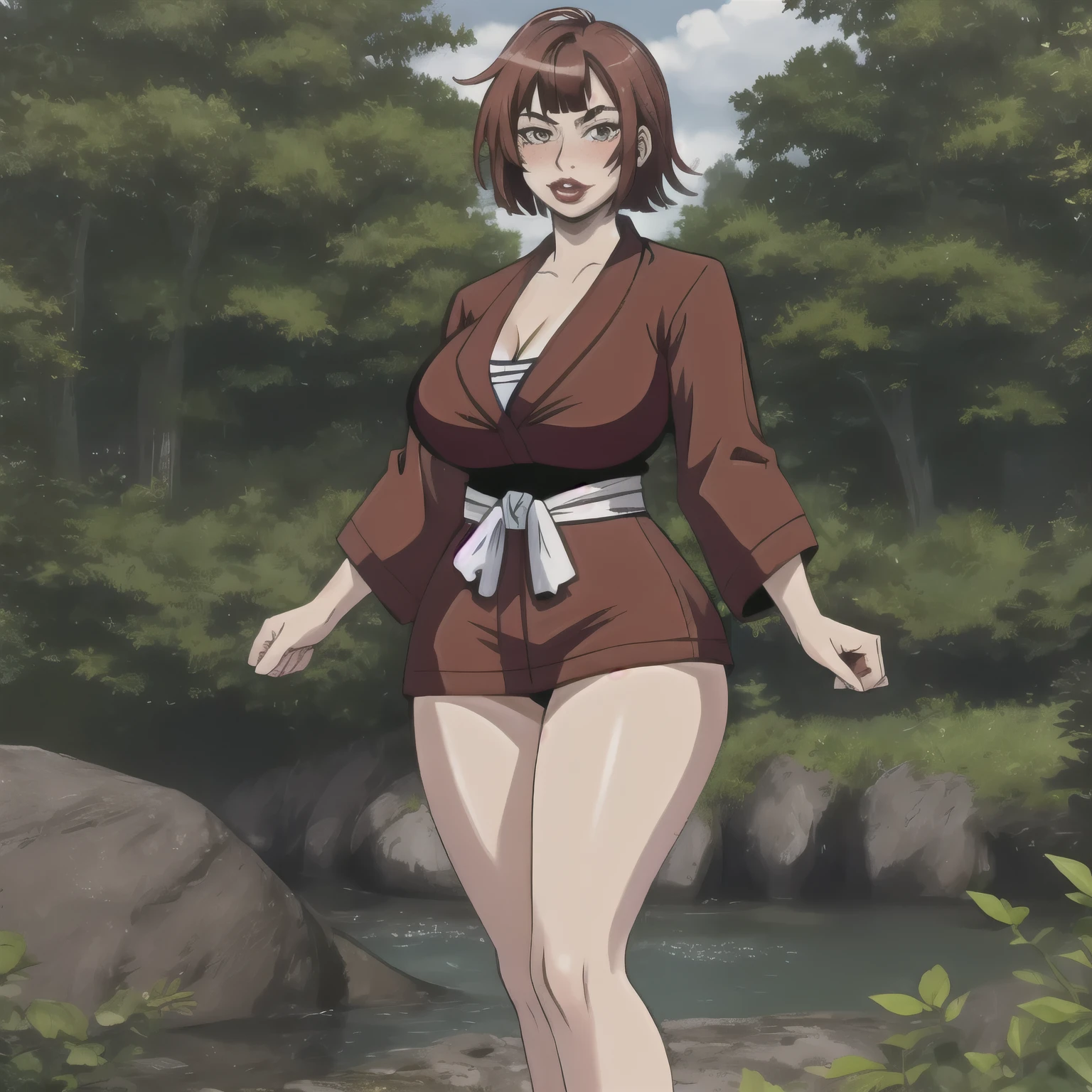 Small breasts, masterpiece, detailed, beautiful, 1girl, mature female, milf, (looking at viewer:1.2), blushing, black eyeliner, body facing viewer, facing viewer, full body, closed mouth, shy, tsundere, standing, outside in a forest, (red hair:1.2), bob cut, long bangs, (freckles:1.2), brown eyes, chubby, pale skin, wide waist, voluptuous hips, thick thighs, full lips, (Dark Red lipstick:1.2), massive round ass, bikini sarashi,