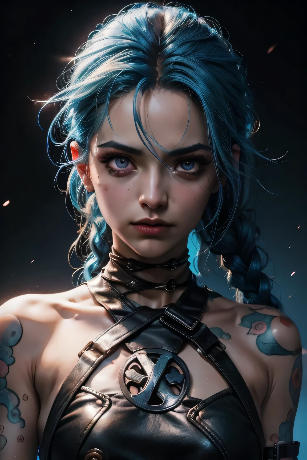 primer plano, de, un, mujer, con, pelo azul, y, blusa negra, portrait of Jinx de Arcano, Jinx de Arcano,  extremadamente detallado, estilo artgerm, placa artgerm, kda, cara de gafe, IG model  chica con cabello azul trenzado, Gafe, arcano. Gafe. En tercera persona, Efecto de desenfoque, Long exposure, 8K, ultra HD, natural lighting, changing lighting, cinematographic Lighting red. burst