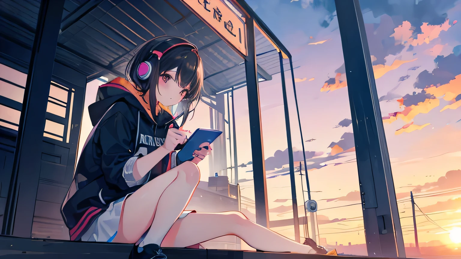 Forget the hustle and bustle of the city、Please draw a girl watching the sunset while listening to music through headphones.