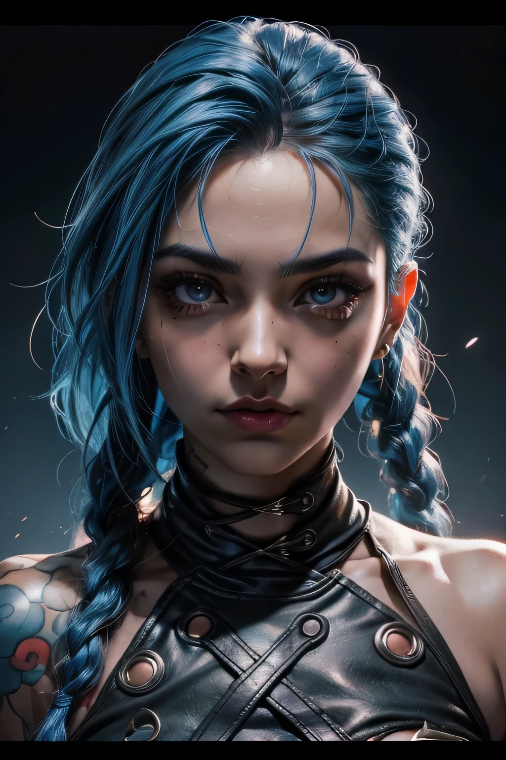 primer plano, de, un, mujer, con, pelo azul, y, blusa negra, portrait of Jinx de Arcano, Jinx de Arcano, extremadamente detallado, estilo artgerm, placa artgerm, kda, cara de gafe, IG model chica con cabello azul trenzado, Gafe, arcano. Gafe. En tercera persona, Efecto de desenfoque, Long exposure, 8K, ultra HD, natural lighting, changing lighting, cinematographic Lighting red. burst