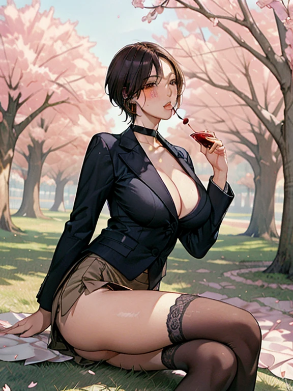 Women drinking sake while enjoying cherry blossom viewing in a park with cherry blossoms in full bloom and petals just starting to fall, In a park rich in nature、plant, (((Masterpiece of sexy pose))), ((highest quality)), ((Complex)), ((surreal)), stupid reply, mature woman, mature woman, perspective, very detailed, shape, 3 girls, ((big breasts)), perfect hands, finger details, fine and beautiful eyes, short hair, brown eyes, (business suit:1.2), open office shirt, Tight Skirt, black choker, earrings, stockings, detailed background, perfect eyes, enchanting eyes, looking at the viewer, I spread a plastic sheet under a cherry tree and sat with my legs crossed., blushing cheeks, Scene of a fun party with female friends