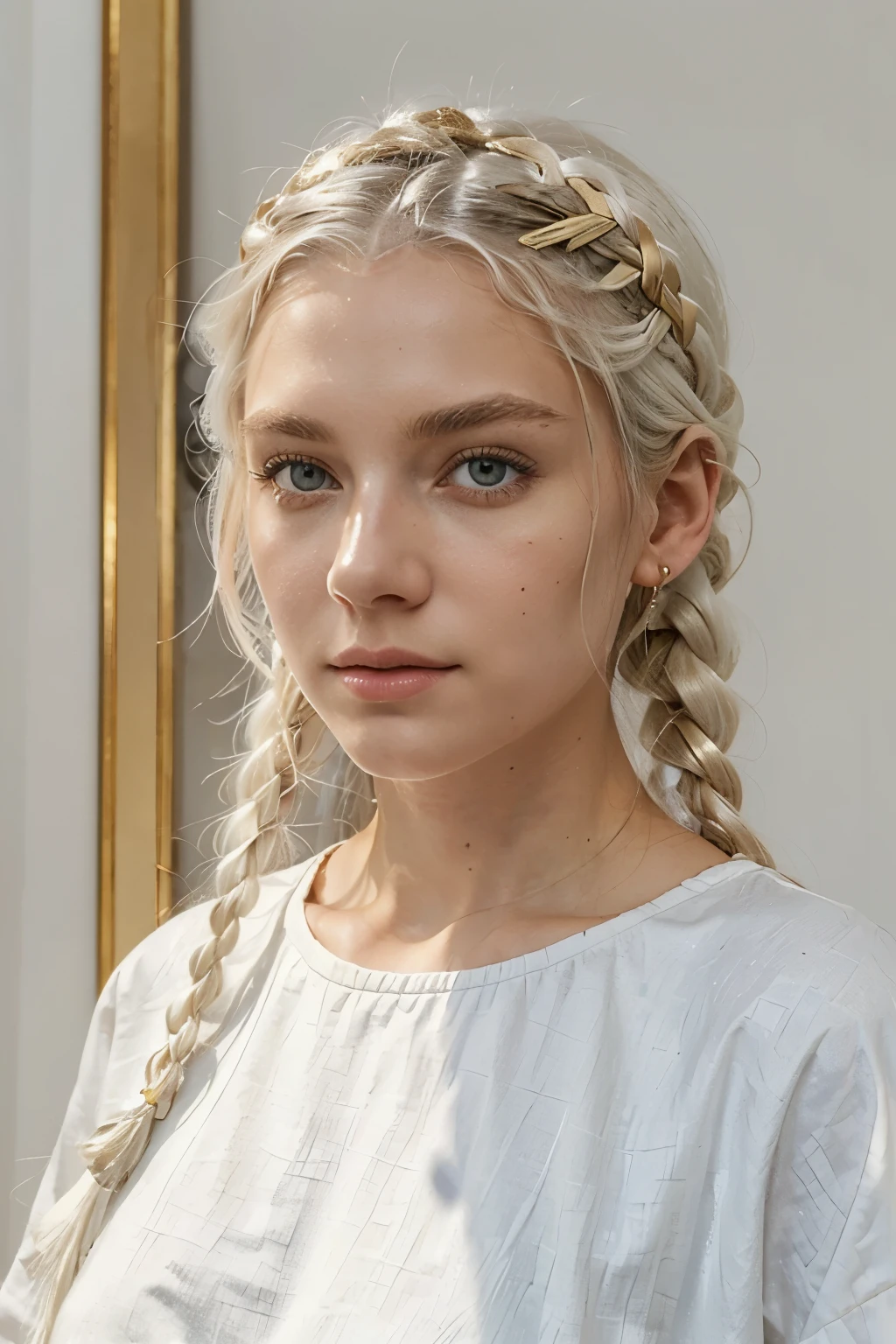 (best quality,masterpiece:1.2),white hair,golden eyes,white clothing,searching,full body,hair lock,white skin,side braids
