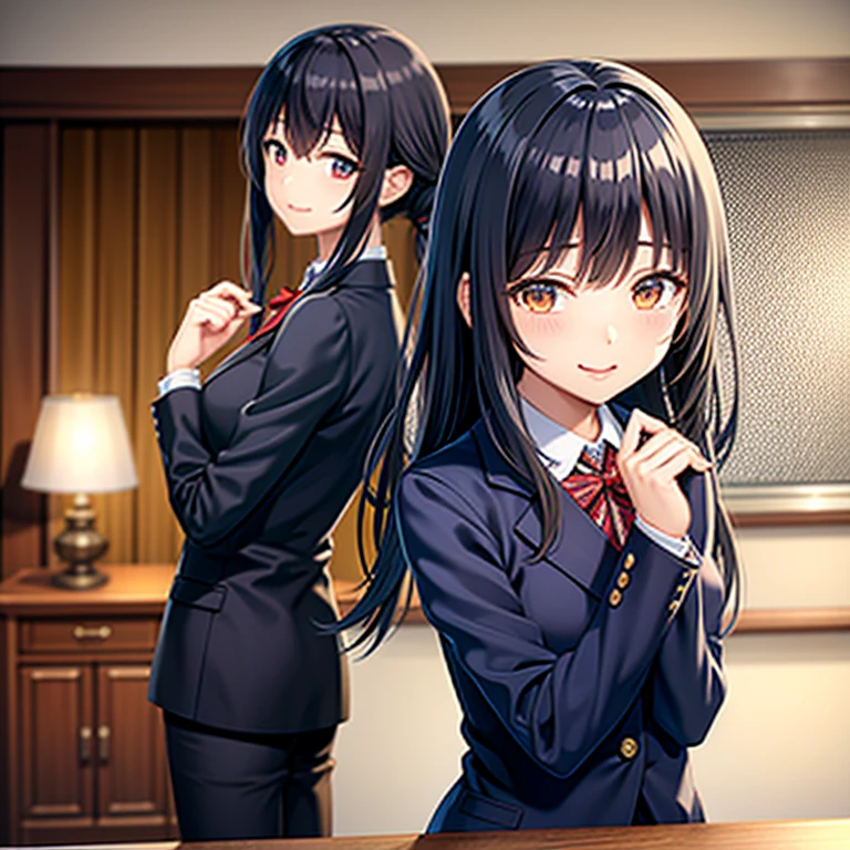 masterpiece, high quality, illustration, your name movie style, one woman, home, house, suit, undressing, back, closing eyes, smiling, close up