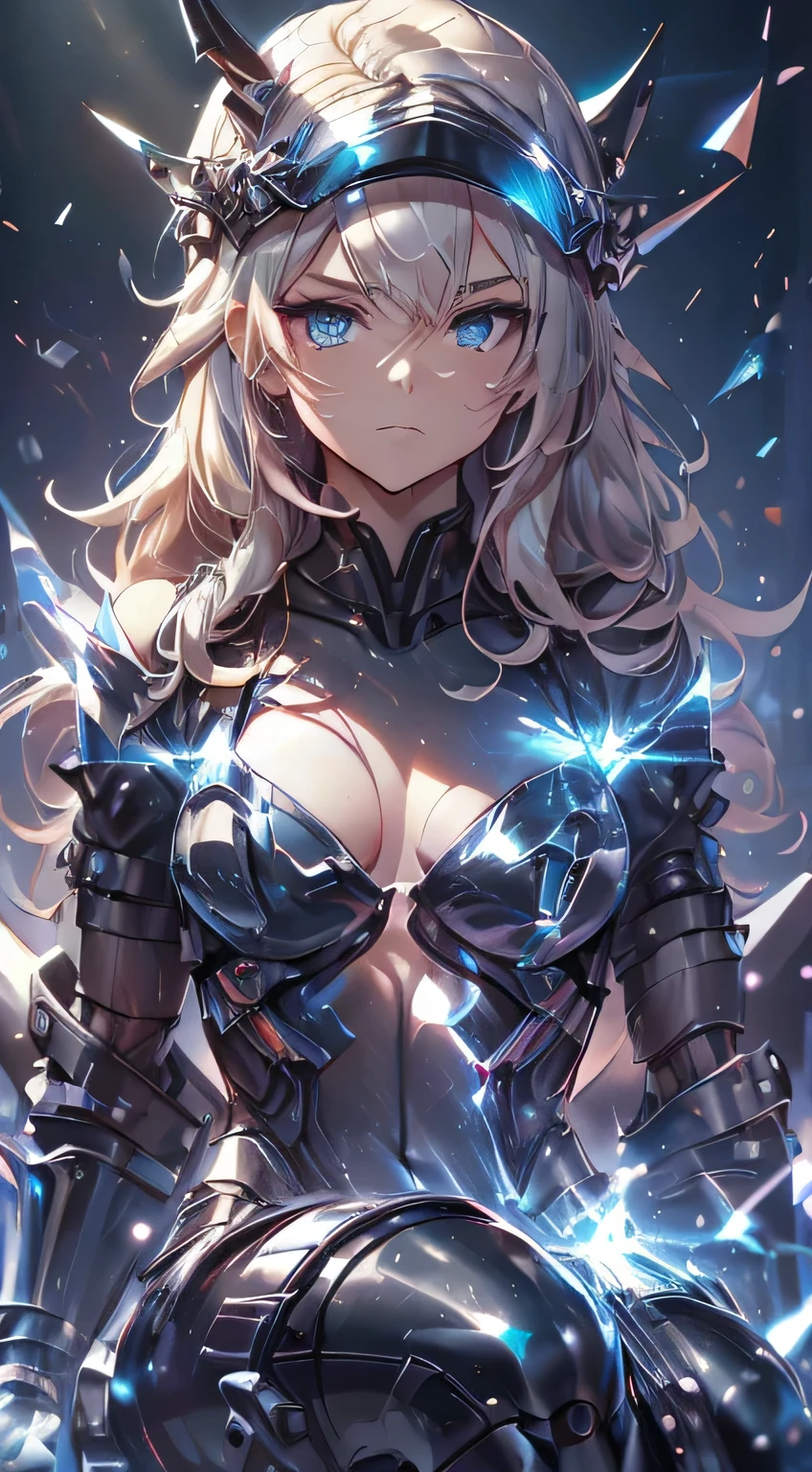 top quality、Highest image quality、masterpiece、young woman((black mechanical body、Radiant red body line、Thorny armor、18 year old、 Ager、Best Bust、large washcloth,Beautiful light blue eyes, long light hair、thin,Large Valleys、Reflecting the whole body、black mechanic helmet、Equipped with a glossy black eye visor.、Power cable stuck all over the body、Sitting in a mechanical chair)),high quality、Beautiful art、Background with((research complex、Mechanical laboratory、biological research))masterpiece、Depth of field,
