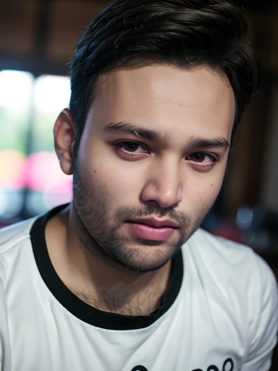 A beautiful young bearded man with highly detailed skin and beautiful black eyes,8k,high res,ultra realistic, photorealism,(real life photo,realistic:1.9), (short beard on his face:1),(only closup shots,half body shots:1.5),best quality,ultra-detailed,professional,physically-based rendering,