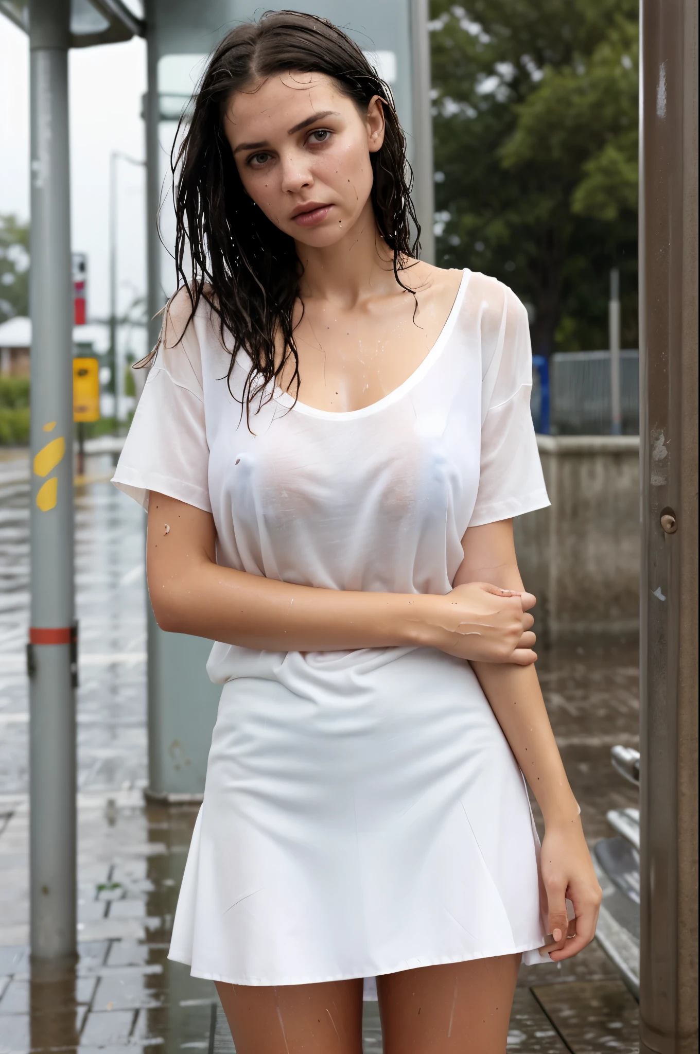 score_9, score_8_up, score_7_up, 1girl, skinny, wet white shirt, short skirt, arms crossed, soaking wet, hair dripping wet, annoyed expression, raining, storming, windy, upskirt, no panties, big pussy lips, at a bus stop, big tits, see-thru wet shirt, breast focus, braless, erect pierced nipples, embarrassed, blushing, disney