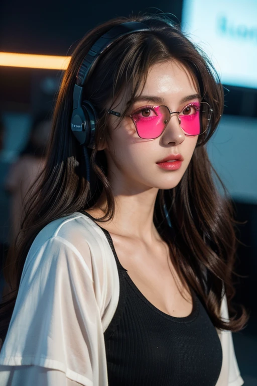 chestnut hair . beautiful woman with curly hair and sunglasses wearing big headphones - headphone or dark room surround neon cyberpunk at night coordinator neon glow