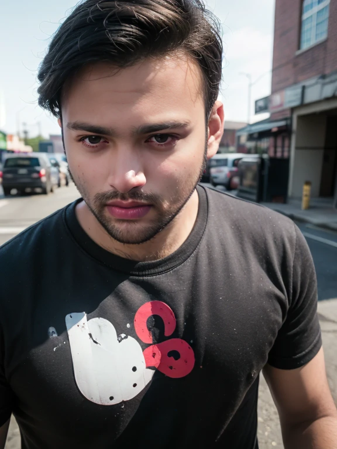 A beautiful young bearded man with highly detailed skin and beautiful black eyes,8k,high res,ultra realistic, photorealism,(real life photo,realistic:1.9), (short beard on his face:1),(only closup shots,half body shots:1.5),best quality,ultra-detailed,professional,physically-based rendering,