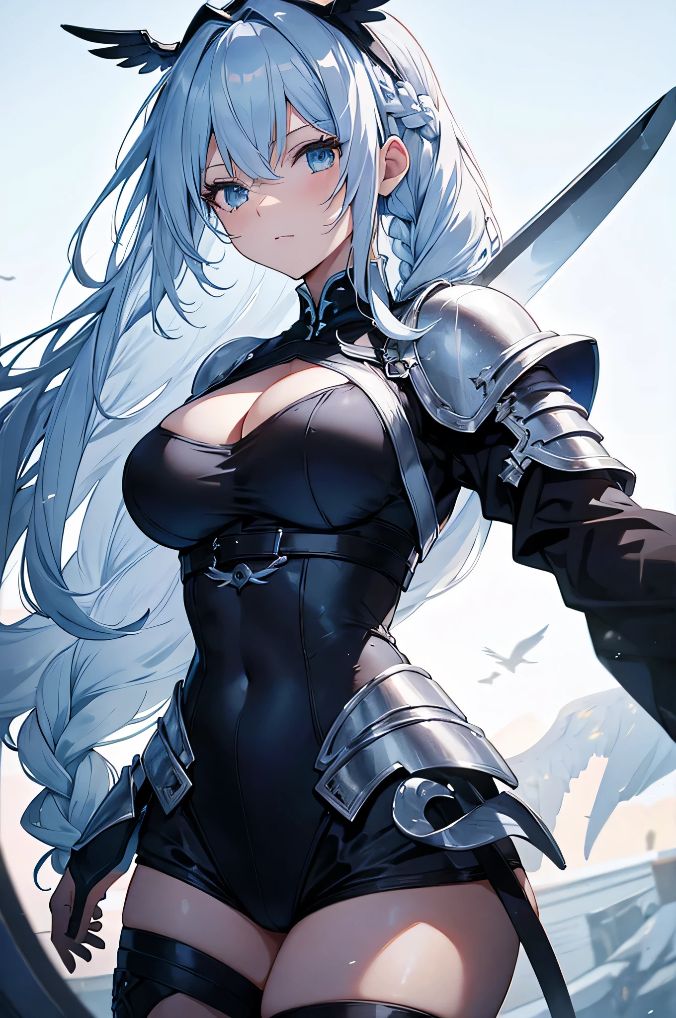 4k,High resolution,one woman,White light blue hair,long hair,Braid,big breasts,swordsman,black leotard armor,Winged headgear,big sword,medieval town