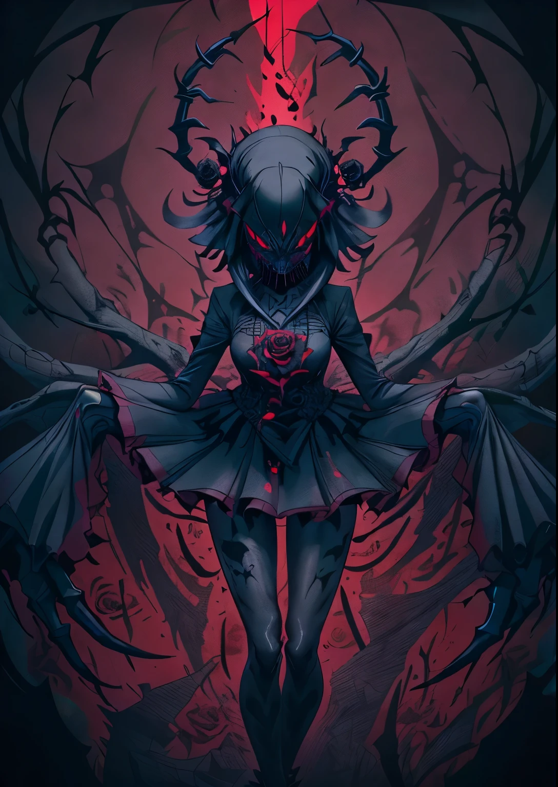 gorgeous and stylish monochrome, eye coloring,strong color contrast, Extremely detailed 16k cg wallpaper
(solo,
1 imitate black rose's  spider,imitate black rose's body,imitate black thorn's legs, red glowing eyes :1.3), 
(black rose theme, brightness absorbing flowers:1.3), extremely dangerous atmosphere, ultra high res,blackrose,madebyblackrose,blackrosetheme,blackrosestyleblackrose,madebyblackrose,blackrosetheme,made by black rose