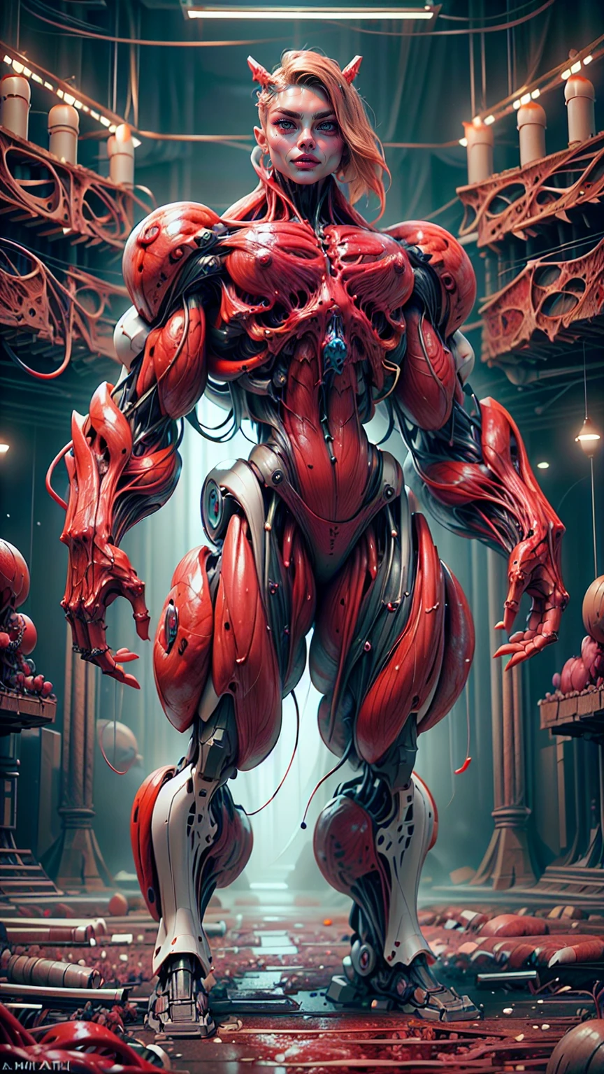 Cinematic, clear facial features and insanely detailed, the image captures the essence of (1 girl), (cara delevingne:1.25), (beautiful girl face:1.25), (muscular succubus demoness), (carnage skinless physique:1.25), (huge gigantic wings & horns:1.25), (undead skinless succubus:1.25), (covered in red necrotic rotting skinless muscle:1.25), (exposed muscular anatomy:1.25), (large demonic claws:1.25). The color grading is beautifully done, enhancing the overall cinematic feel. Unreal Engine makes her appearance even more mesmerizing. With depth of field (DOF), every detail is focused and accentuated, drawing attention to her eyes and hair. Peak image resolution utilizing super-resolution technology ensures pixel perfection. Cinematic lighting enhances her aura, while anti-aliasing techniques like FXAA and TXAA keep the edges smooth and clean. Adding realism to the muscular bio-mecha succubus , RTX technology enables ray tracing. Additionally, SSAO (Screen Space Ambient Occlusion) gives depth and realism to the scene, the girl's presence even more convincing. In the post-processing and post-production stages, tone mapping enhances the colors, creating a captivating visual experience. The integration of CGI (Computer-Generated Imagery) and VFX (Visual Effects brings out her demonic features seamlessly . Incredible level of detail, with intricate elements meticulously crafted, the artwork hyper maximalist and hyper-realistic. Volumetric effects add depth and dimension, with unparalleled photorealism. 8k resolution rendering ensures super detailed visuals. The volumetric lighting adds a touch of magic, highlighting her beauty and aura in an otherworldly way. High Dynamic Range (HDR) tech makes the colors pop, adding richness to the overall composition. Ultimately, this artwork presents an unreal, yet stunningly real portrayal of an incredibly beautiful bio-mecha succubus girl. The sharp focus ensures that every feature is crisply defined, creating a captivating presence.