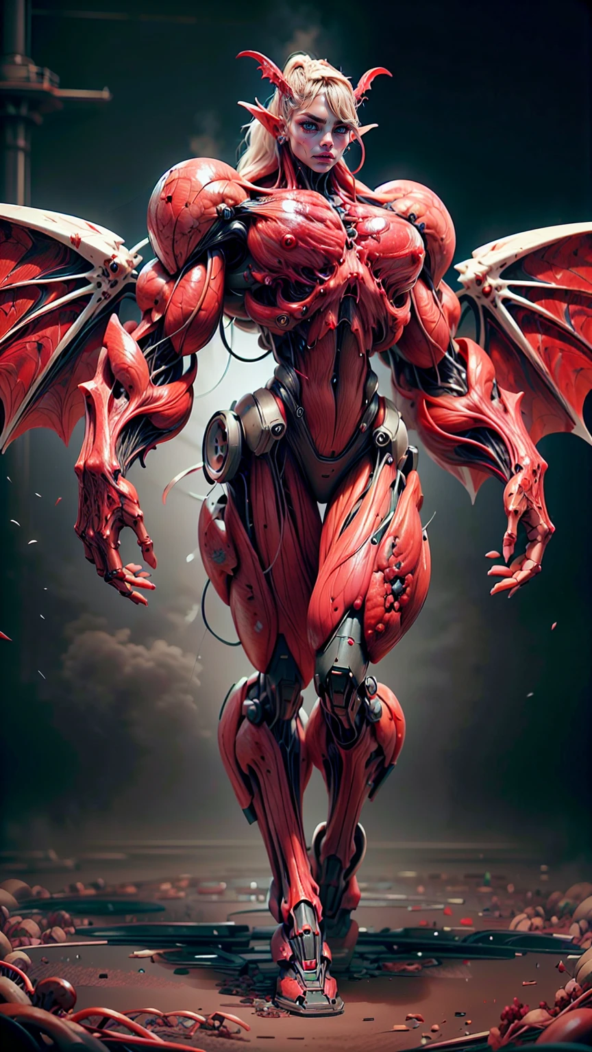 Cinematic, clear facial features and insanely detailed, the image captures the essence of (1 girl), (cara delevingne:1.25), (beautiful girl face:1.25), (muscular succubus demoness), (carnage skinless physique:1.25), (huge gigantic wings & horns:1.25), (undead skinless succubus:1.25), (covered in red necrotic rotting skinless muscle:1.25), (exposed muscular anatomy:1.25), (large demonic claws:1.25). The color grading is beautifully done, enhancing the overall cinematic feel. Unreal Engine makes her appearance even more mesmerizing. With depth of field (DOF), every detail is focused and accentuated, drawing attention to her eyes and hair. Peak image resolution utilizing super-resolution technology ensures pixel perfection. Cinematic lighting enhances her aura, while anti-aliasing techniques like FXAA and TXAA keep the edges smooth and clean. Adding realism to the muscular bio-mecha succubus , RTX technology enables ray tracing. Additionally, SSAO (Screen Space Ambient Occlusion) gives depth and realism to the scene, the girl's presence even more convincing. In the post-processing and post-production stages, tone mapping enhances the colors, creating a captivating visual experience. The integration of CGI (Computer-Generated Imagery) and VFX (Visual Effects brings out her demonic features seamlessly . Incredible level of detail, with intricate elements meticulously crafted, the artwork hyper maximalist and hyper-realistic. Volumetric effects add depth and dimension, with unparalleled photorealism. 8k resolution rendering ensures super detailed visuals. The volumetric lighting adds a touch of magic, highlighting her beauty and aura in an otherworldly way. High Dynamic Range (HDR) tech makes the colors pop, adding richness to the overall composition. Ultimately, this artwork presents an unreal, yet stunningly real portrayal of an incredibly beautiful bio-mecha succubus girl. The sharp focus ensures that every feature is crisply defined, creating a captivating presence.