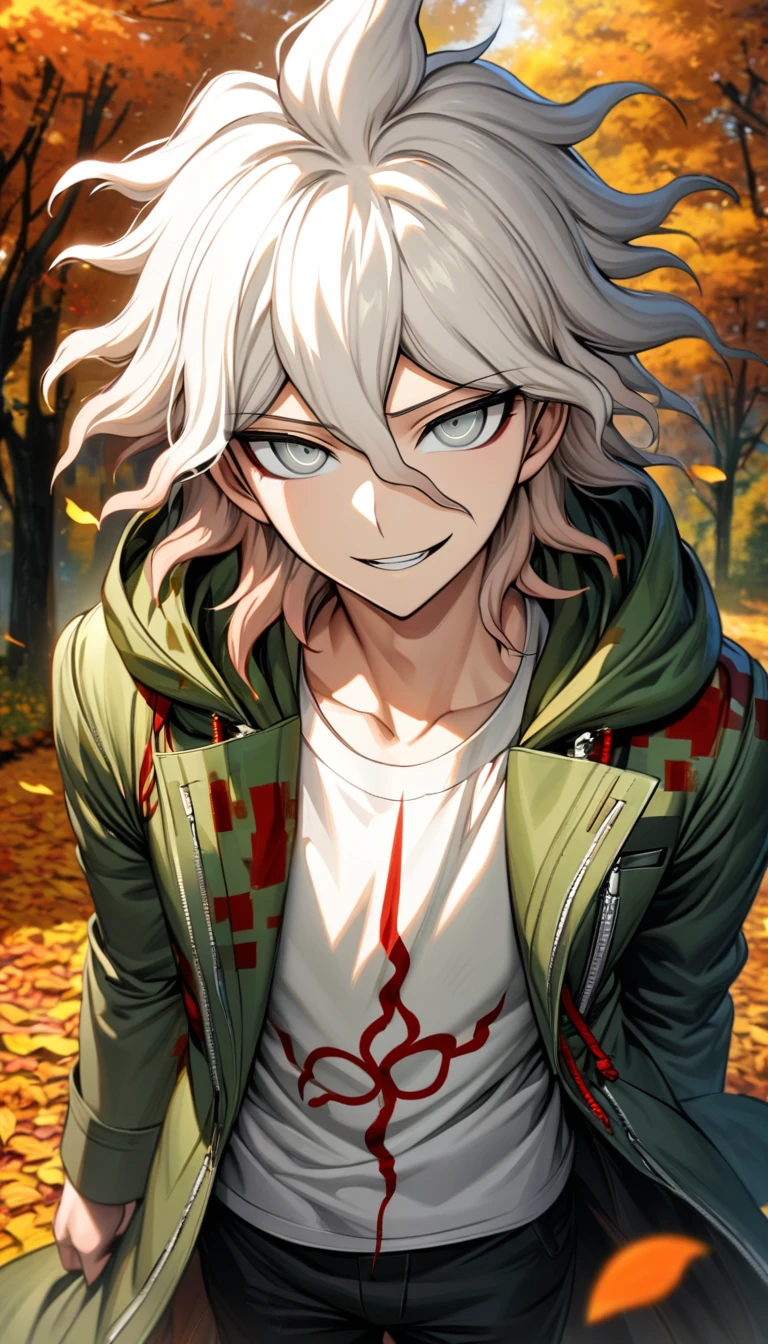 Ultra detailed, Highres, absurdres, HDR, Komaeda Nagito, white hair, silver eyes, green long coat, white tight t-shirt, Danganronpa 2, 1 man only, smirking, petals, flowers, autumn, handsome, orange leaves, black pants,
