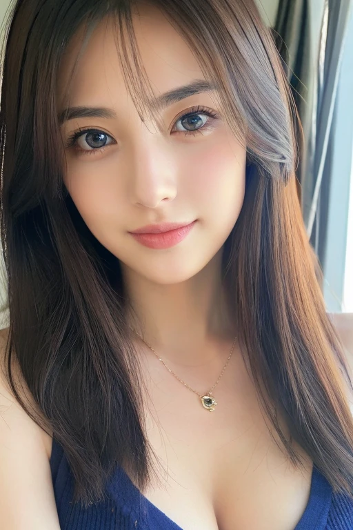 (((32k,high details,high detail、masterpiece,attention to detail,alone))),Raw photo & realistic atmosphere,beautiful dark blue eyes,detailed mouth,glossy lips,thin eyebrows,fine eyes、Soft white skin that shines in every detail、sheの深い黒色の目はとても美しいです,lip details、very beautiful face,very well-shaped face、lifelike face,shining beautiful lips,beautiful eyebrows,infinite reality, Realistic young gravure idol,she'she'she'she'she'she's a very cute woman , young gravure idol, young gravure idol, とても美しくてかわいい22 year old beauty,incredibly beautiful and classy,22 year old beauty,natural soft light,(shiny hair,,Beautiful and kind eyes:1.5),gentle smile,well-shaped chest,medium long hair,tie hair,beautiful posture,no makeup,think ahead,