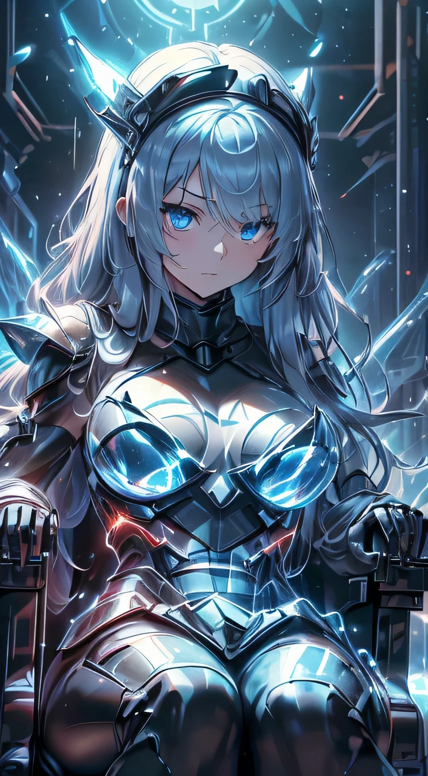 top quality、Highest image quality、masterpiece、young woman((black mechanical body、Radiant red body line、Thorny armor、18 year old、 Ager、Best Bust、large washcloth,Beautiful light blue eyes, long light hair、thin,Large Valleys、Reflecting the whole body、black mechanic helmet、Equipped with a glossy black eye visor.、Power cable stuck all over the body、Sitting in a mechanical chair)),high quality、Beautiful art、Background with((research complex、Mechanical laboratory、biological research))masterpiece、Depth of field,
