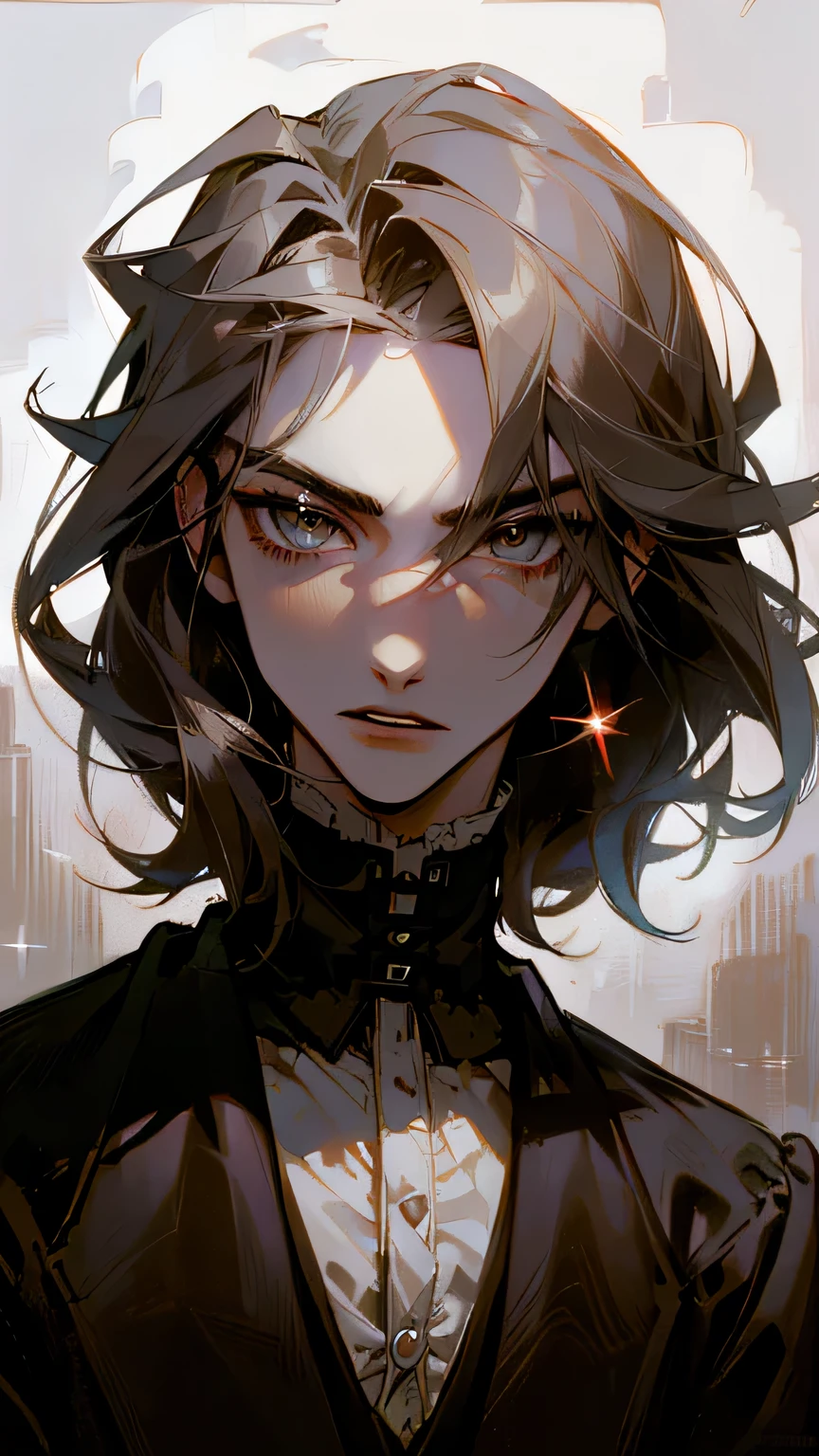 8k, masterpiece, highest quality, best quality, official art, beautiful and aesthetic, extremely detailed, (fractal art: 1.3), colorful, highest detailed, perfect face, HDR, Detailed face, Detailed eyes, silver eyes, perfect face, perfect eyes, ( 1male, 1man, 1 vampire, slim waist, pretty face, handsome face, long brown hair, sharp jawline, he is sexy, he is beautiful, he has black eyeshadow, tall, tanned skin, he is athletic, he is wearing victorian clothes, he has a black corset, slim torso, pretty, sharp jawline, victorian gothic clothes, Goth, goth vampire, goth clothes, victorian era setting.