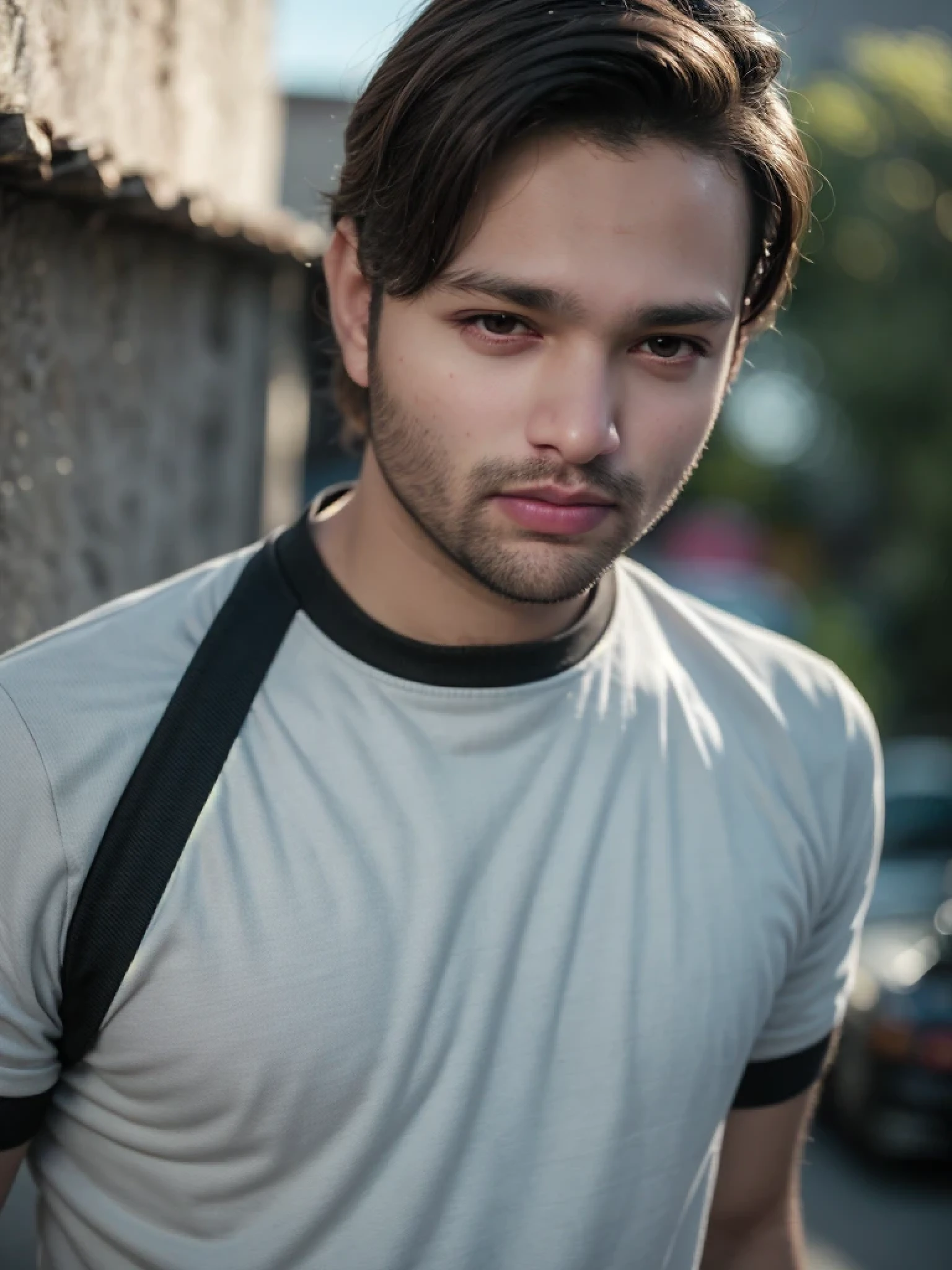 A beautiful young bearded man with highly detailed skin and beautiful black eyes,8k,high res,ultra realistic, photorealism,(real life photo,realistic:1.9), (short beard on his face:1),(only closup shots,half body shots:1.5),best quality,ultra-detailed,professional,physically-based rendering,