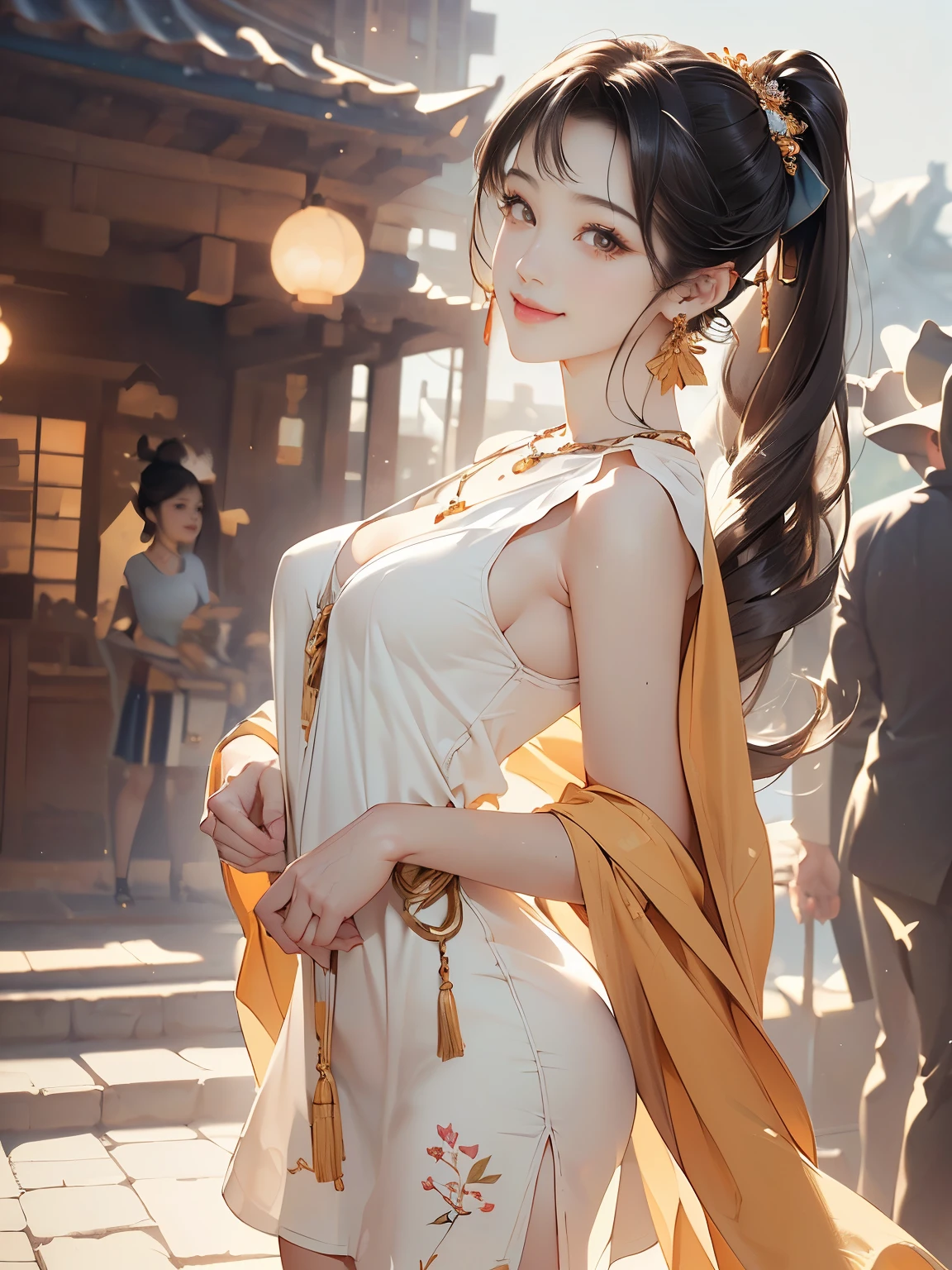 ((((highest quality))))、(((Ultra-precision CG16K wallpaper)))、(((masterpiece)))、(((Super detailed)))、(((super extreme details)))、((１people&#39;s women))、mature woman、24 year old woman、(((clarity、detailed face:1.6)))、((Japanese face))、((very beautiful face))、((Mai Shiraishi:1.5))、((straight long ponytail hair、blunt bangs:1.5))、(shiny brown hair)、((Big eyes with double eyelids))、beautiful delicate eyes、brown eyes、raised eyebrows、high nose、small nostrils、small mouth、seductive lips、beautiful breasts、((C cup size breasts))、cleavage、plump body、(Chubby body type)、perfect proportions、perfect anatomy、perfect composition、beautiful detailed shading、beautiful natural lighting、beautiful detail glow、Depth of the bounds written、(((High chroma)))、(((real:1.9)))、((vivid:1.5))、((edge:1.6))、((beautiful skin))、((skin texture))、((realな皮膚感))、(((cowboy shot:1.6)))、((front view:1.8))、((shy smile:1.5))、(Eyes looking at me:1.5)、Bright daylight、Natural light、(((Outdoor park:1.5)))、(standing pose:1.5)、(((Floral sleeveless mini dress:1.6)))、((earrings、wearing necklace:1.3))、