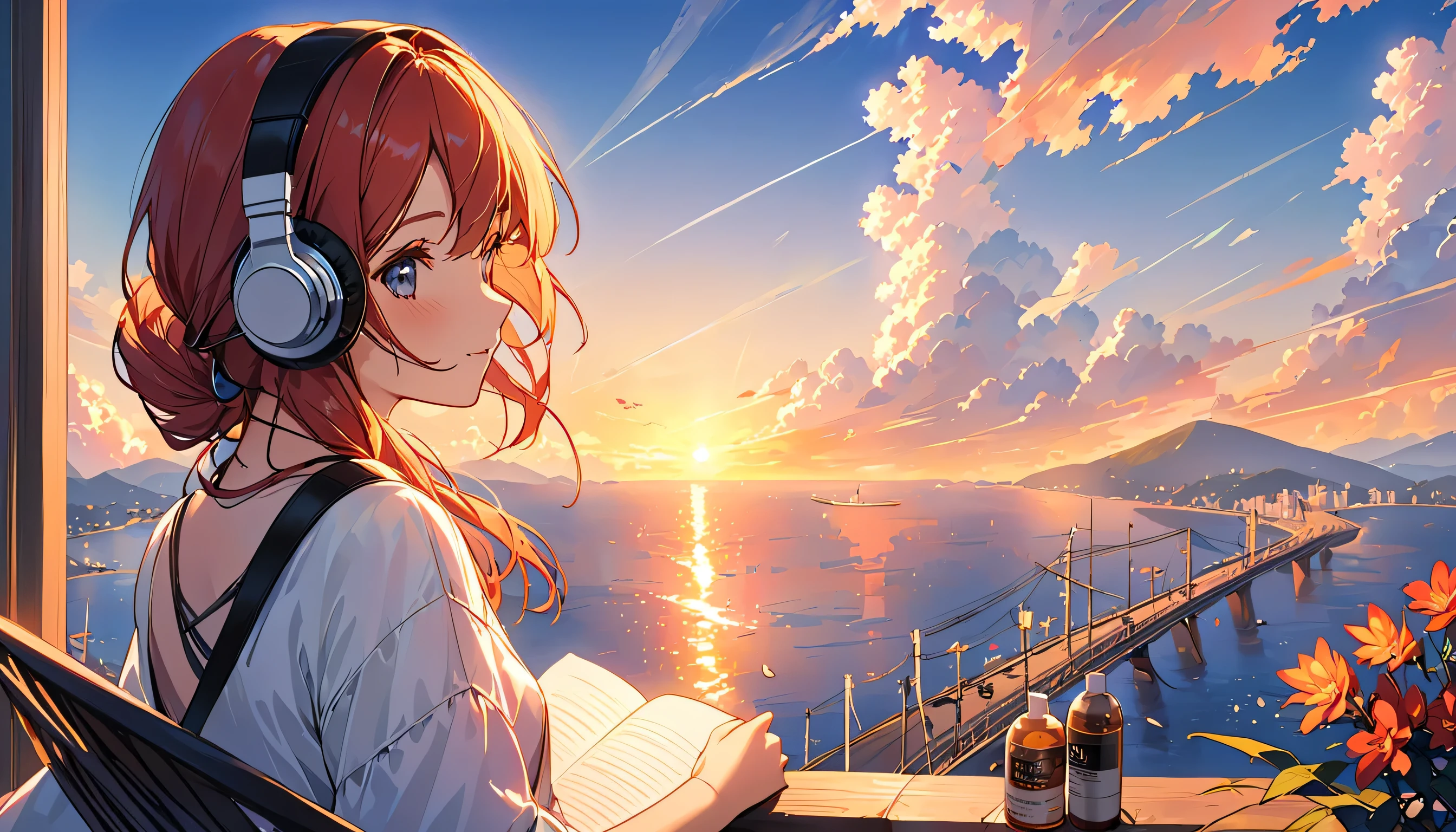 Forget the hustle and bustle of the city、Please draw a girl watching the sunset while listening to music through headphones.