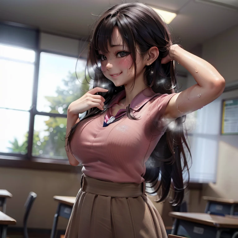 NSFW、masterpiece、precise、high school girl、school classroom、Taking a test、((Sweat))、((smile))、(((脇Sweat)))、(((Sweat染み)))、big breasts、(((odor)))、ggpussy))