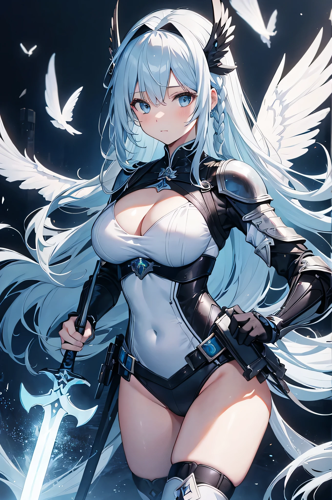 4k,High resolution,one woman,White light blue hair,long hair,Braid,big breasts,swordsman,black leotard armor,Winged headgear,big sword,medieval town