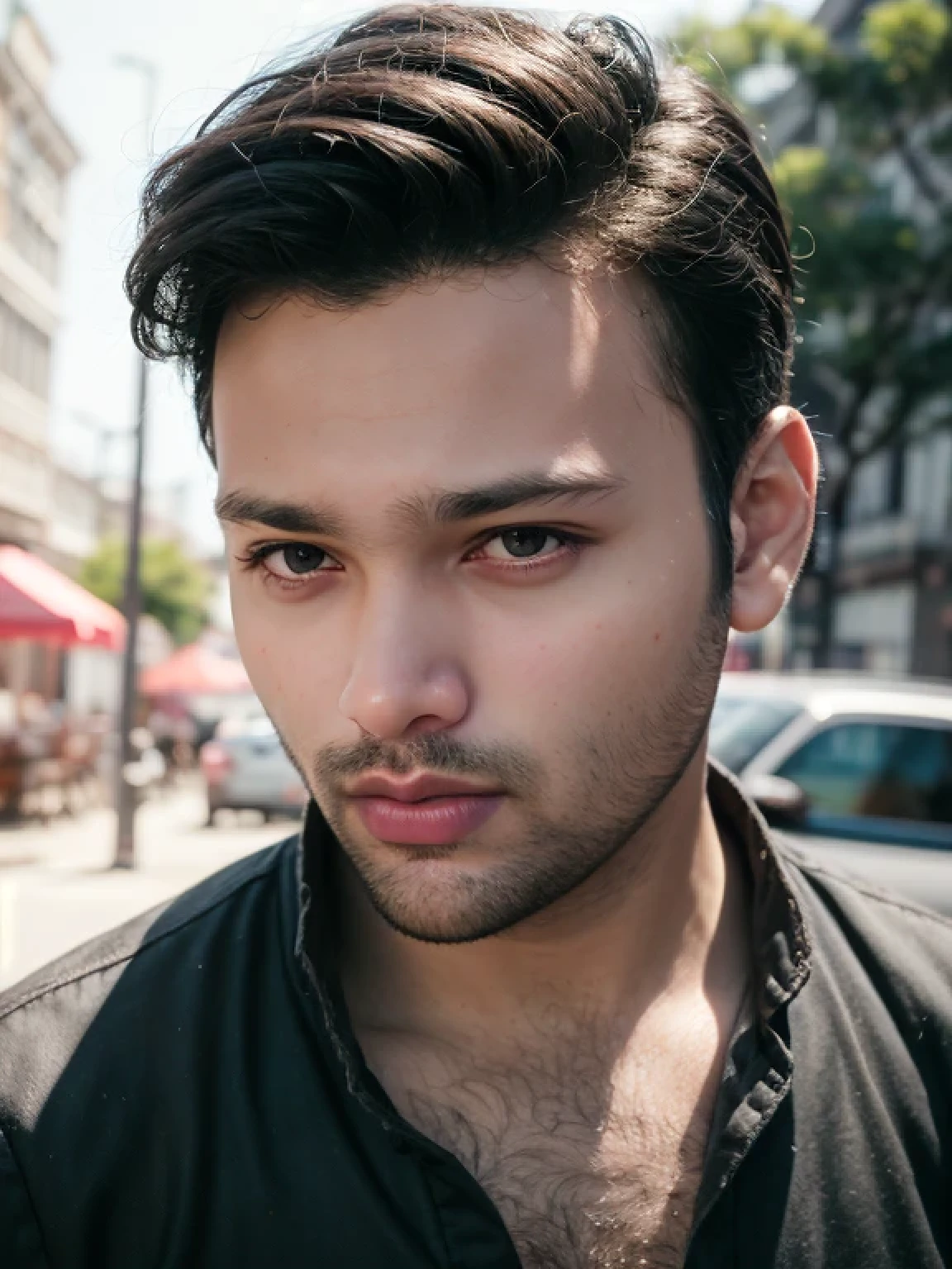 "A stunning portrait showcasing the charm and sophistication of a stylish non europian young man with a well-groomed beard, captivating black eyes, and neatly styled short brown hair. Various dynamic outdoor poses.", award winning photography, film photography,movie photography,soft light ,no contrast, professional color grade,ultra realistic, photorealism,8k.