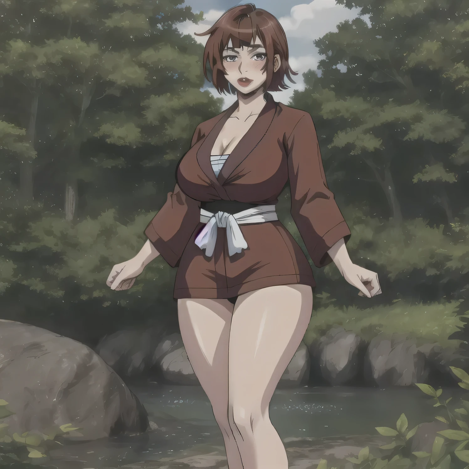 Small breasts, masterpiece, detailed, beautiful, 1girl, mature female, milf, (looking at viewer:1.2), blushing, black eyeliner, body facing viewer, facing viewer, full body, closed mouth, shy, tsundere, standing, outside in a forest, (red hair:1.2), bob cut, long bangs, (freckles:1.2), brown eyes, chubby, pale skin, wide waist, voluptuous hips, thick thighs, full lips, (Dark Red lipstick:1.2), massive round ass, bikini sarashi, underdress sarashi 