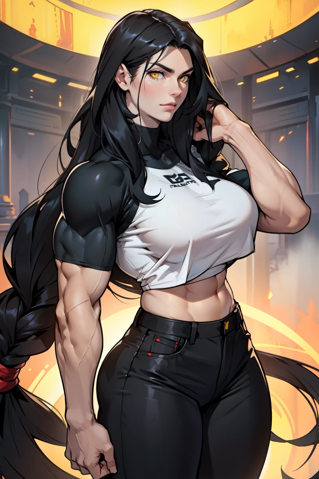 1 girl muscular pale skin muscular muscular muscular black hair yellow eyes huge breasts muscular muscular long hair long hair long hair long hair long hair long hair long hair long hair huge breasts long hair long hair long hair long hair muscular muscular tight shirt tight pants