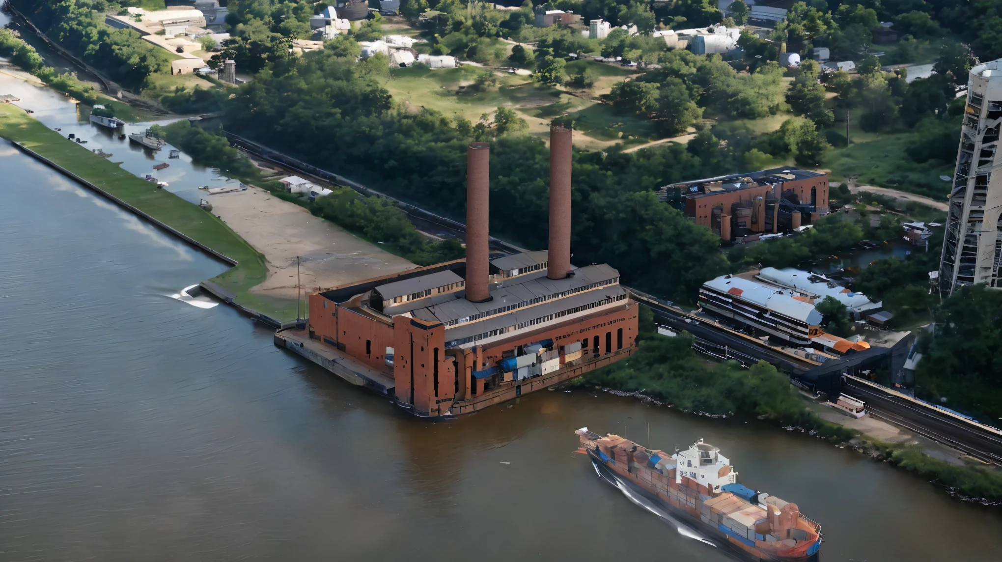 aerial view of a large factory with a boat in the water, 2 smoke stacks on factory, brick factory, cargo ship heading towards factory, shoreline, photo taken from above, seen from above, arial shot, aerial shot, shot from above, photograph from above, viewed from bird's-eye, aerial photo, a hyper realistic, overhead photography, photo from above, view from above, overhead shot, photo-shopped, hd aerial photography, aerial perspective
