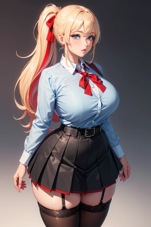 (masterpiece), (best quality:1.7), (detailed:1.4), (high res:1.4), 8k, (colorful:1.5), high resolution, sharped image, 4k, hd, (beautiful detailed background:1.2), (beautiful lighting:1.2), (highly detailed:1.2), perfect lighting, (8k wallpaper:1.2), (highly detailed:1.2), (extremely detailed CG:1.2), (only blonde long hair two ponytails with a red ribbon in hair), (very large chest), (busty), curvy figure, (light blue eyes), (school girl outfit), (tight unbuttoned sheer white shirt) and (short black pleated skirt with belt) and (tight black stocking leggings with red garter belt), (red lace bra showing under shirt), mature, older, human adult, short, full body view