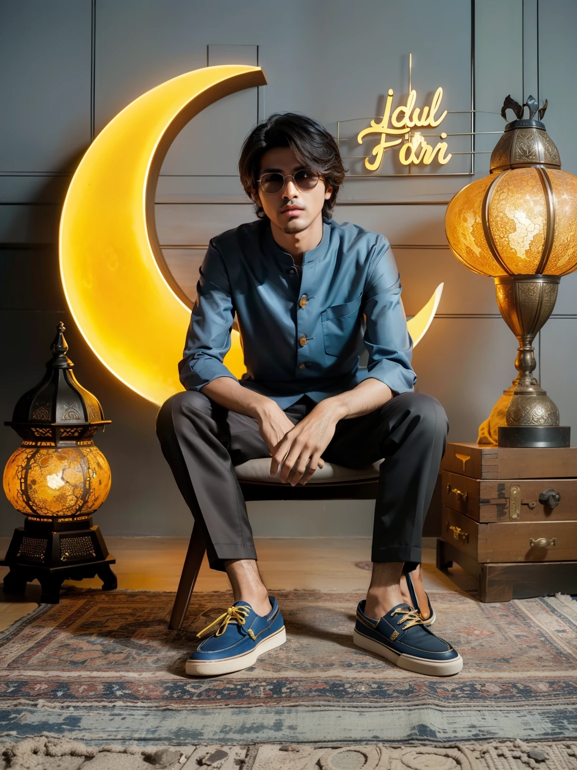 arafed man sitting on a chair in front of a yellow moon, full shot fashion photography, mid shot portrait, mohamed chahin style, high - end fashion photoshoot, editorial photograph, editorial image, editorial photography, inspired by Osman Hamdi Bey, edited in photoshop, jayison devadas style, with a cool pose, editorial portrait, inspired by Saurabh Jethani