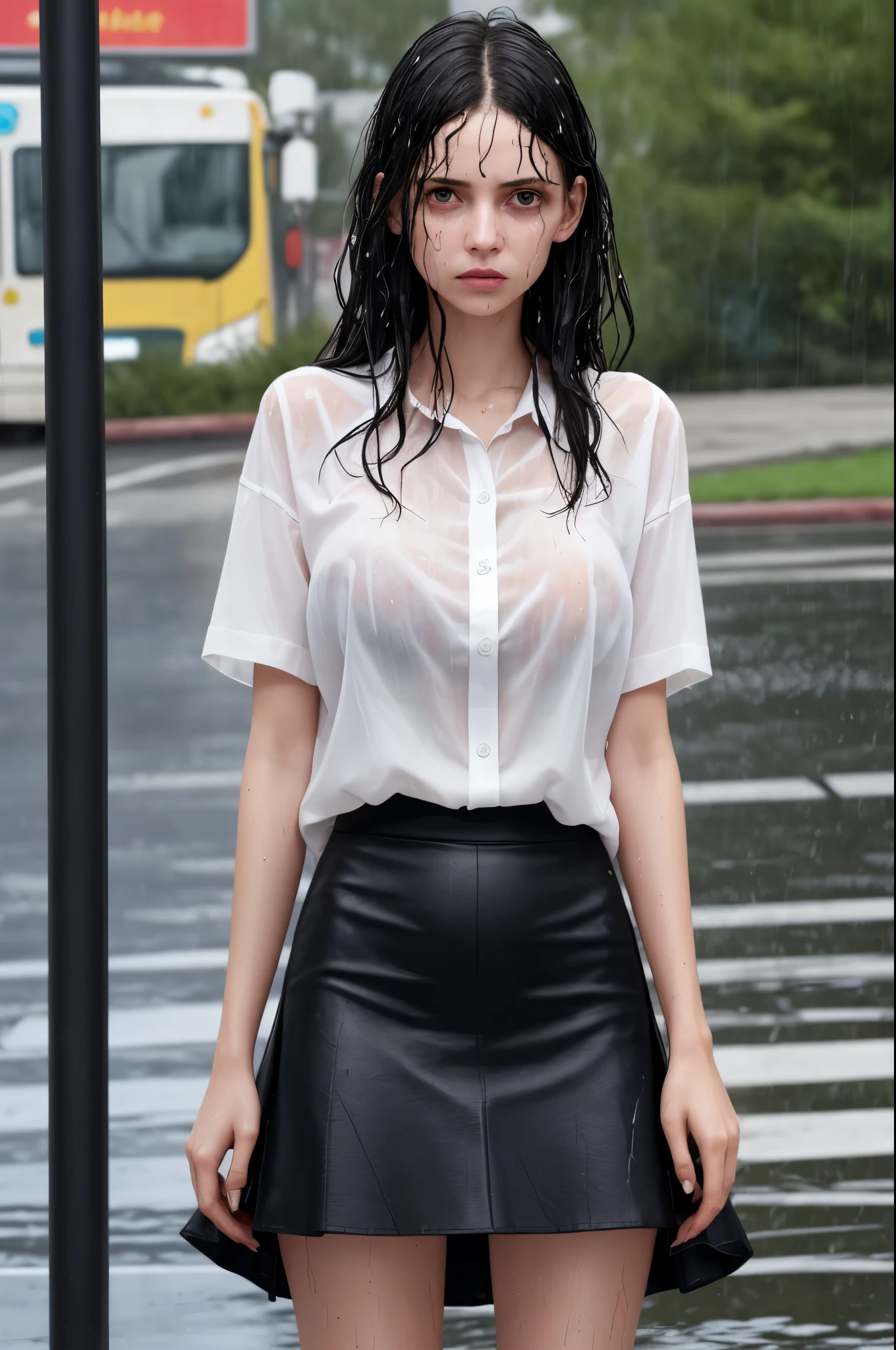 score_9, score_8_up, score_7_up, 1girl, skinny, wet white shirt, short skirt, arms crossed, soaking wet, hair dripping wet, annoyed expression, raining, storming, windy, upskirt, no panties, big pussy lips, at a bus stop, big tits, see-thru wet shirt, breast focus, braless, erect pierced nipples, embarrassed, blushing, disney