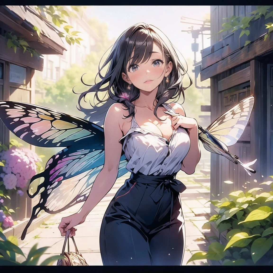 sketchbook,solemn expression,realistic lighting,soft brushstrokes,vibrant colors,butterfly wings,floral background,daytime scene
