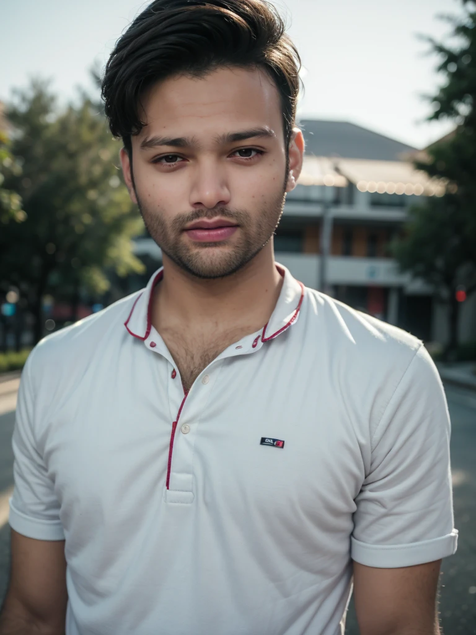 "A stunning portrait showcasing the charm and sophistication of a stylish non europian young man with a well-groomed beard, captivating black eyes, and neatly styled short brown hair. Various dynamic outdoor poses.", award winning photography, film photography,movie photography,soft light ,no contrast, professional color grade,ultra realistic, photorealism,8k.