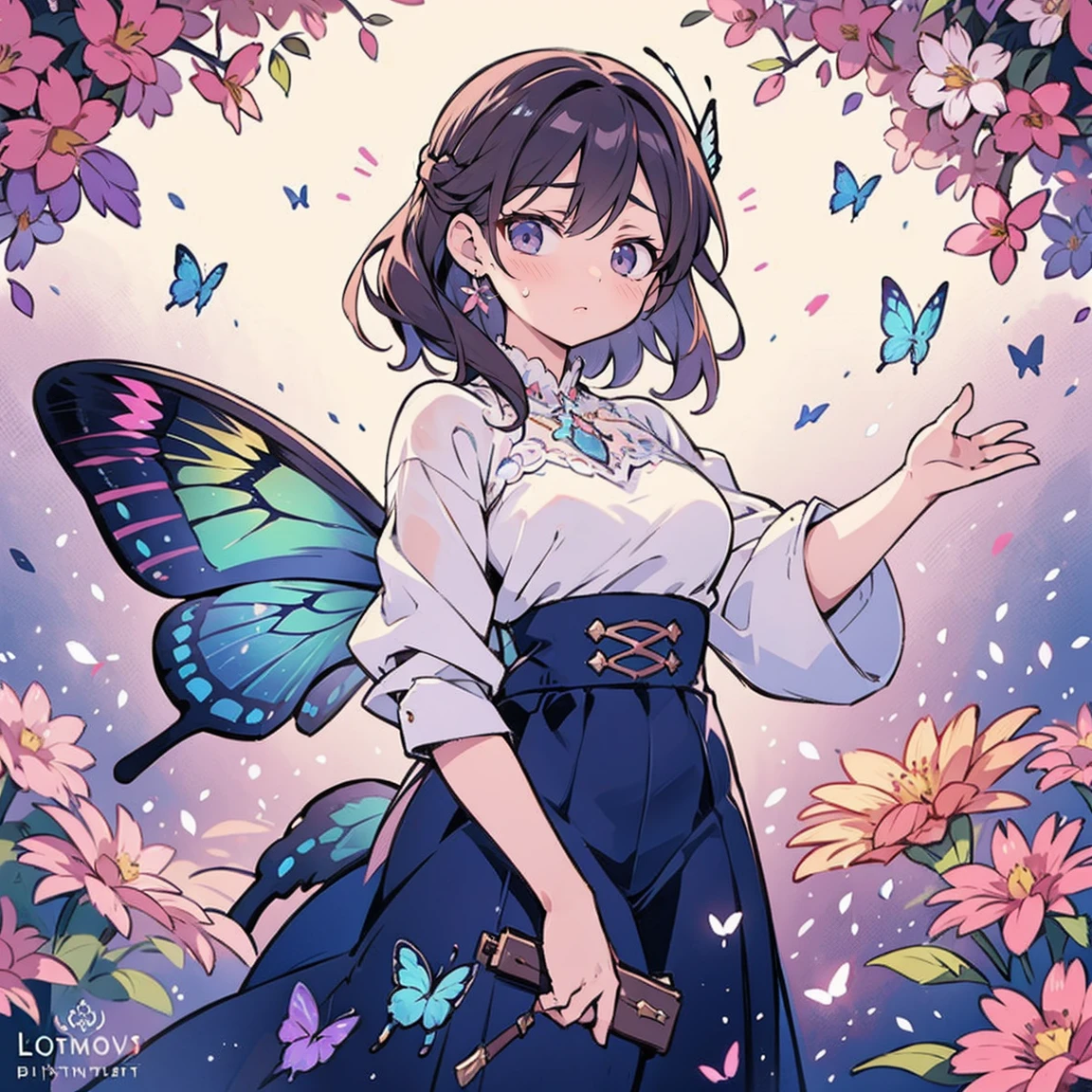 sketchbook,solemn expression,realistic lighting,soft brushstrokes,vibrant colors,butterfly wings,floral background,daytime scene
