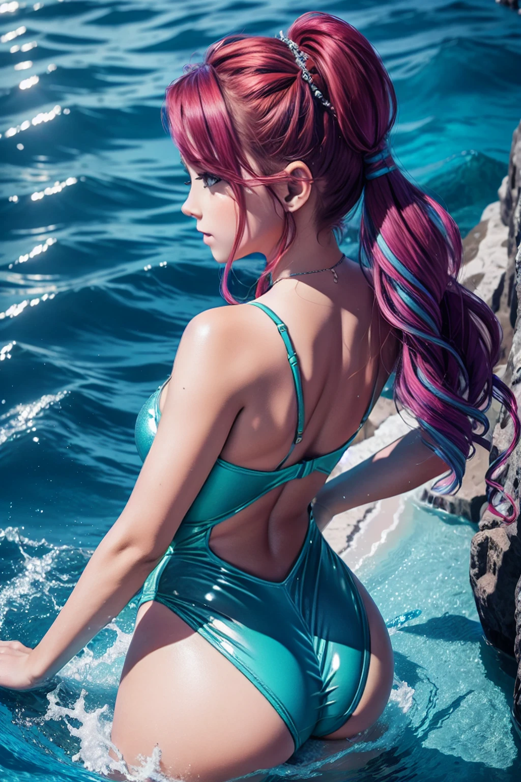 diamond heart, vibrant and captivating, sparkling in the blue ocean, beautiful and luminous (best quality, highres:1.2), ultra-detailed, realistic:1.37, with vivid colors, sharp focus, and exquisite lighting break ((from behind))