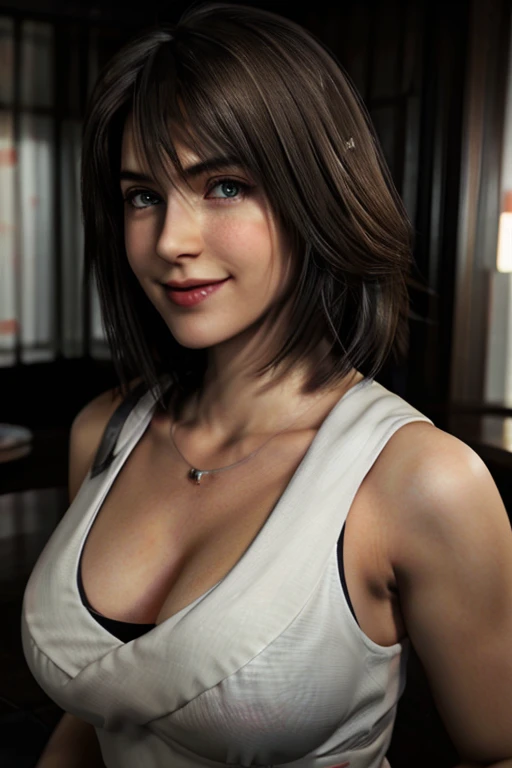 Top quality, ultra high resolution, (photorealistic: 1.4), beautiful eyes, super beautiful, short hair, beautiful breasts, lover, t-shirt with rough chest, eyes inviting viewer, lover's eyes, inviting facial expressions, sexy smile, perfect style, perfect balance, detailed skin, naughty eyes, chest visible, waist up pose , various shot angle , sexy curvy body, damp, cleavage 