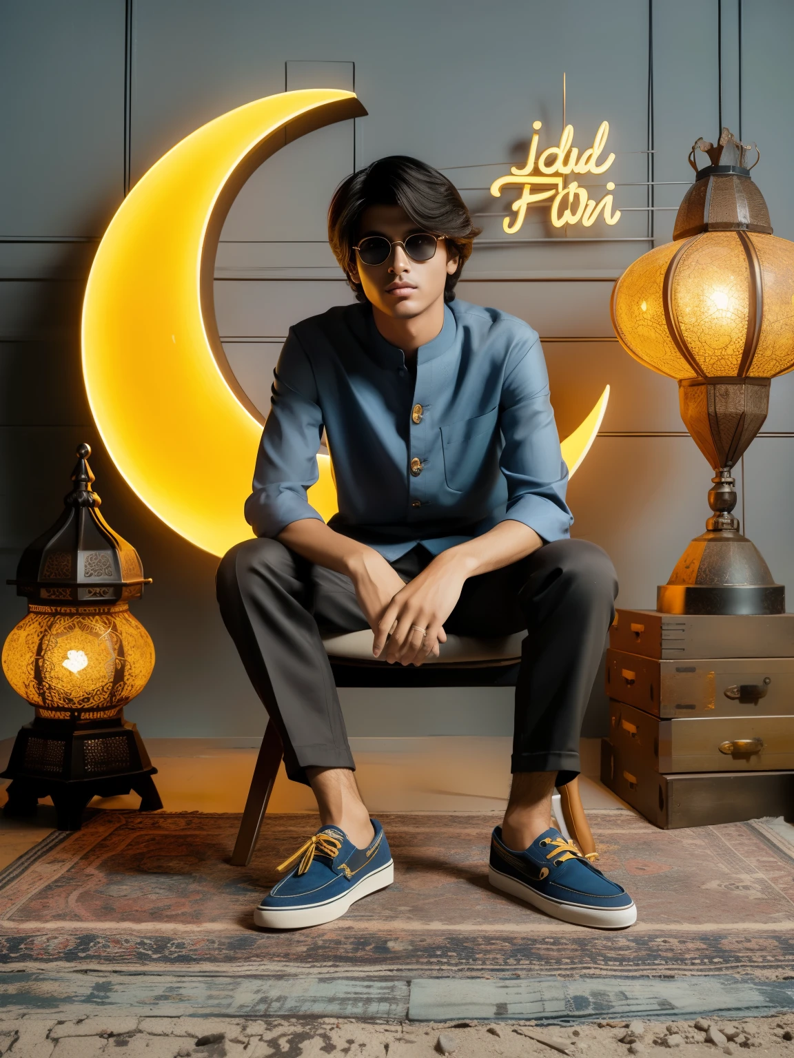 arafed man sitting on a chair in front of a yellow moon, full shot fashion photography, mid shot portrait, mohamed chahin style, high - end fashion photoshoot, editorial photograph, editorial image, editorial photography, inspired by Osman Hamdi Bey, edited in photoshop, jayison devadas style, with a cool pose, editorial portrait, inspired by Saurabh Jethani
