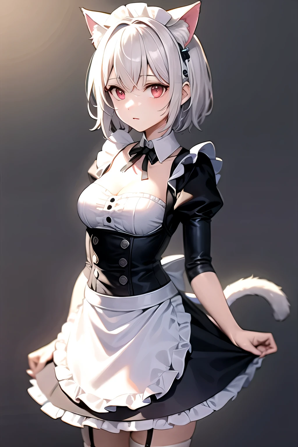 Blush, ((((White color blouse)))),  white long boots, (on top of the bed), Kneeling, D-cups, White hair, ahoge, Heart-shaped pupils, blue color eyes, (((((cat ear))))), is shy，White gloves， torogao, Reflectors, Yandere, anime big breast, Chiaroscuro, Ray tracing, shadowing, hyper HD, Masterpiece, Accurate, Anatomically correct, Textured skin, Super detail, High details, High quality, Award-Awarded, Best quality, A high resolution, 16k，(There is love around you)，((((Tempting))))，((Get wet，semi transparent))，no extra limbs，((White collar))