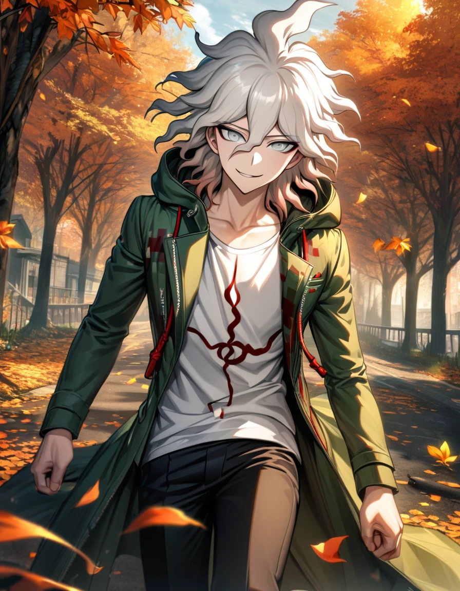 Ultra detailed, Highres, absurdres, HDR, Komaeda Nagito, white hair, silver eyes, green long coat, white tight t-shirt, Danganronpa 2, 1 man only, smirking, petals, flowers, autumn, handsome, orange leaves, black pants,