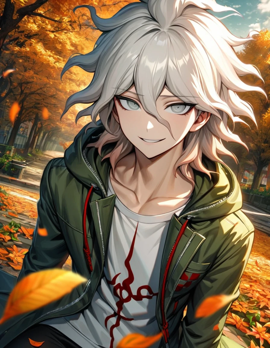 Ultra detailed, Highres, absurdres, HDR, Komaeda Nagito, white hair, silver eyes, green long coat, white tight t-shirt, Danganronpa 2, 1 man only, smirking, petals, flowers, autumn, handsome, orange leaves, black pants,
