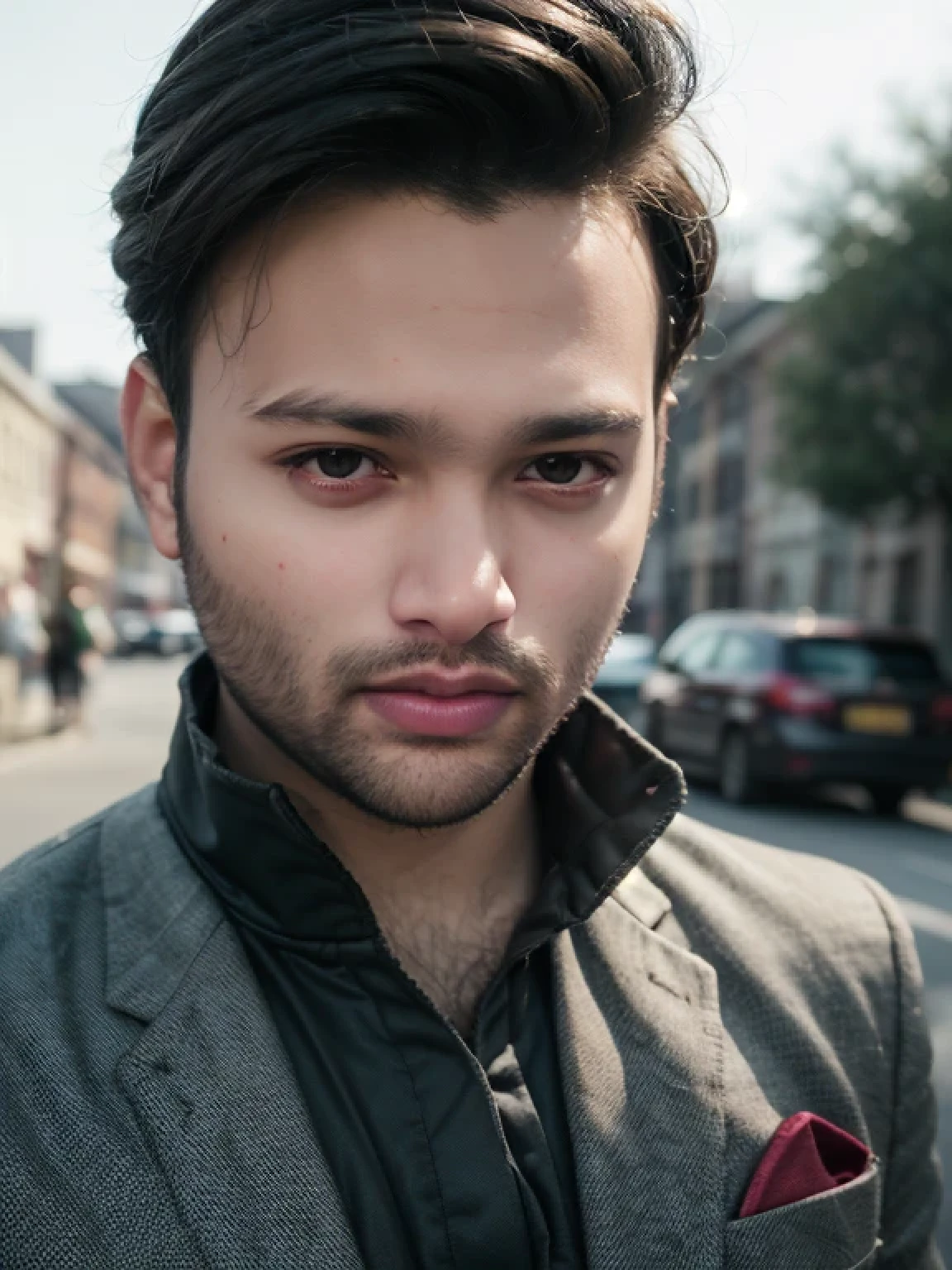"A stunning portrait showcasing the charm and sophistication of a stylish non europian young man with a well-groomed beard, captivating black eyes, and neatly styled short brown hair. Various dynamic outdoor poses.", award winning photography, film photography,movie photography,soft light ,no contrast, professional color grade,ultra realistic, photorealism,8k.