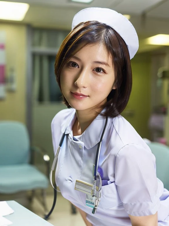 1 girl,(Wearing white nurse clothes:1.2),(Raw photo, highest quality), (realistic, photo-realistic:1.4), masterpiece, very delicate and beautiful, very detailed, 2k wallpaper, wonderful, finely, very detailed CG unity 8k wallpaper, Super detailed, High resolution, soft light, beautiful detailed girl, very detailed eyes and face, beautifully detailed nose, finely beautiful eyes, nurse, perfect anatomy, black hair, up style, nurse uniform, ((nurse cap)), long skirt, nurse, white costume, thin, hospital, clear, white uniform, hospital room, Neck auscultation,,upper body shot