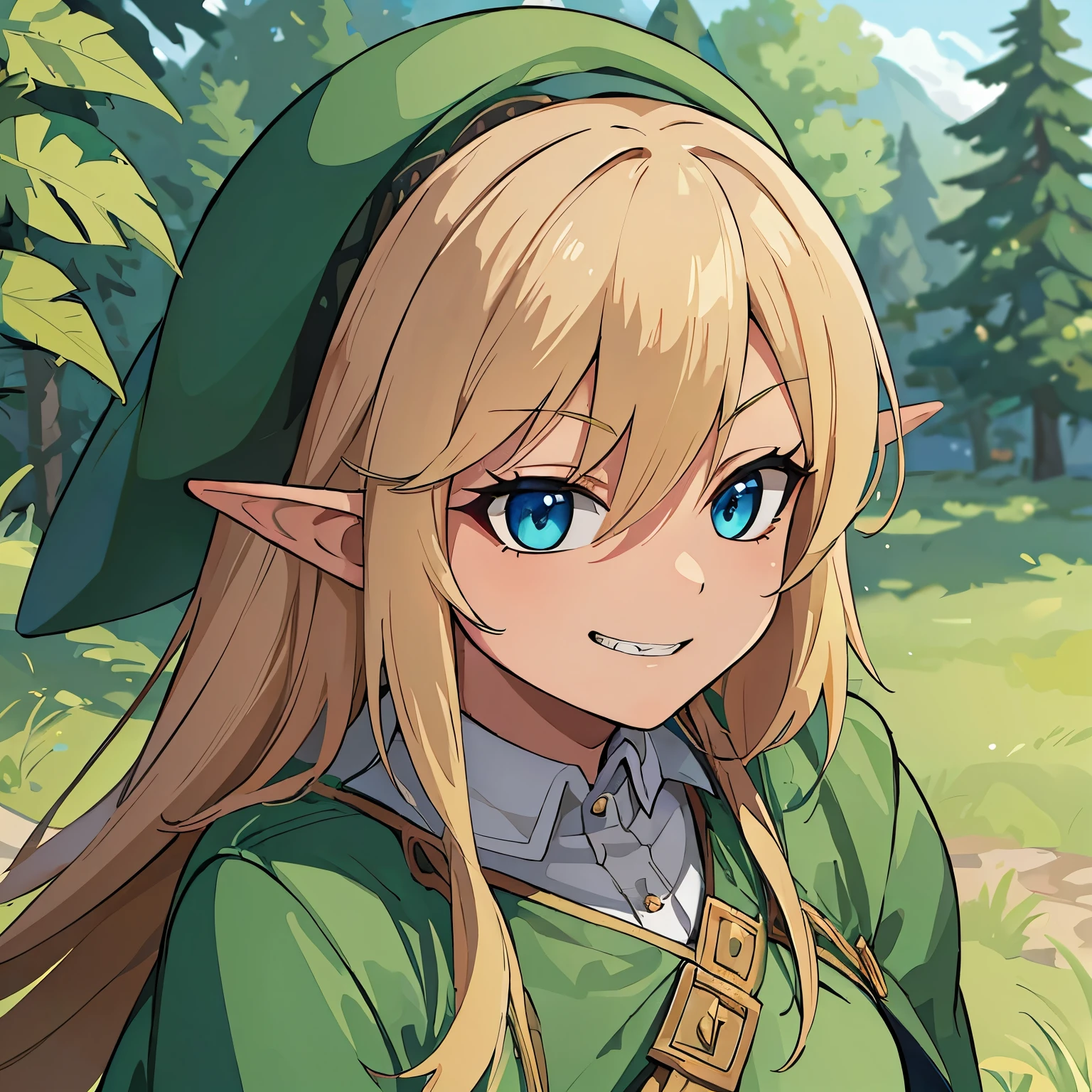 high quality, masterpiece. Elf girl. green hunting cloak. hat. Blue eyes. blonde hair. sly smile. teeth. A cunning face. against the background of sky and forest. Detailed eyes.
