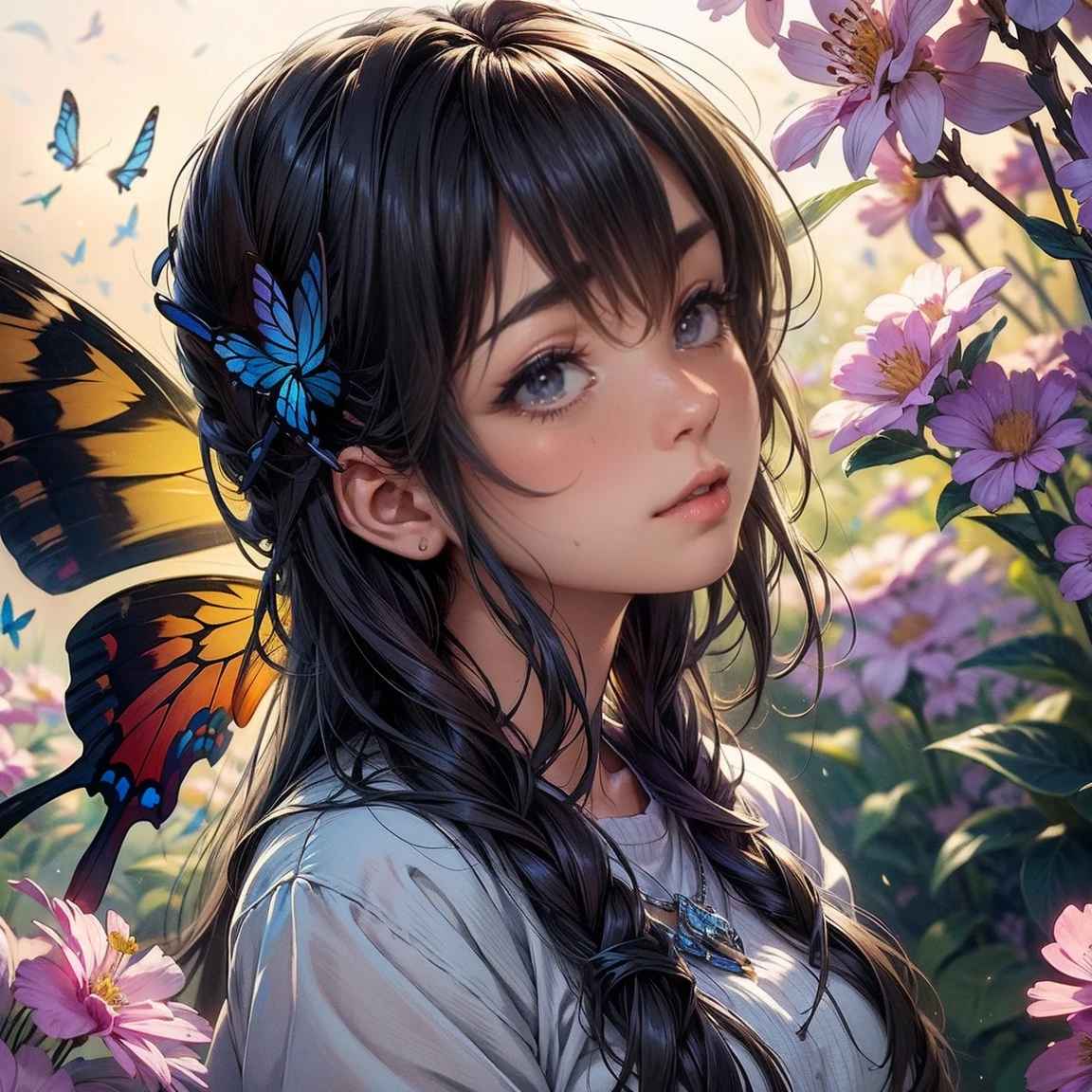 sketchbook,solemn expression,realistic lighting,soft brushstrokes,vibrant colors,butterfly wings,floral background,daytime scene