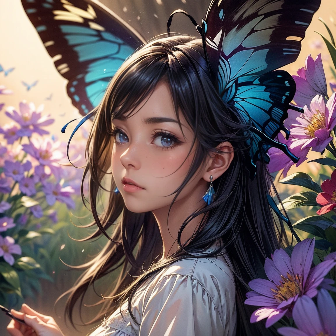 sketchbook,solemn expression,realistic lighting,soft brushstrokes,vibrant colors,butterfly wings,floral background,daytime scene